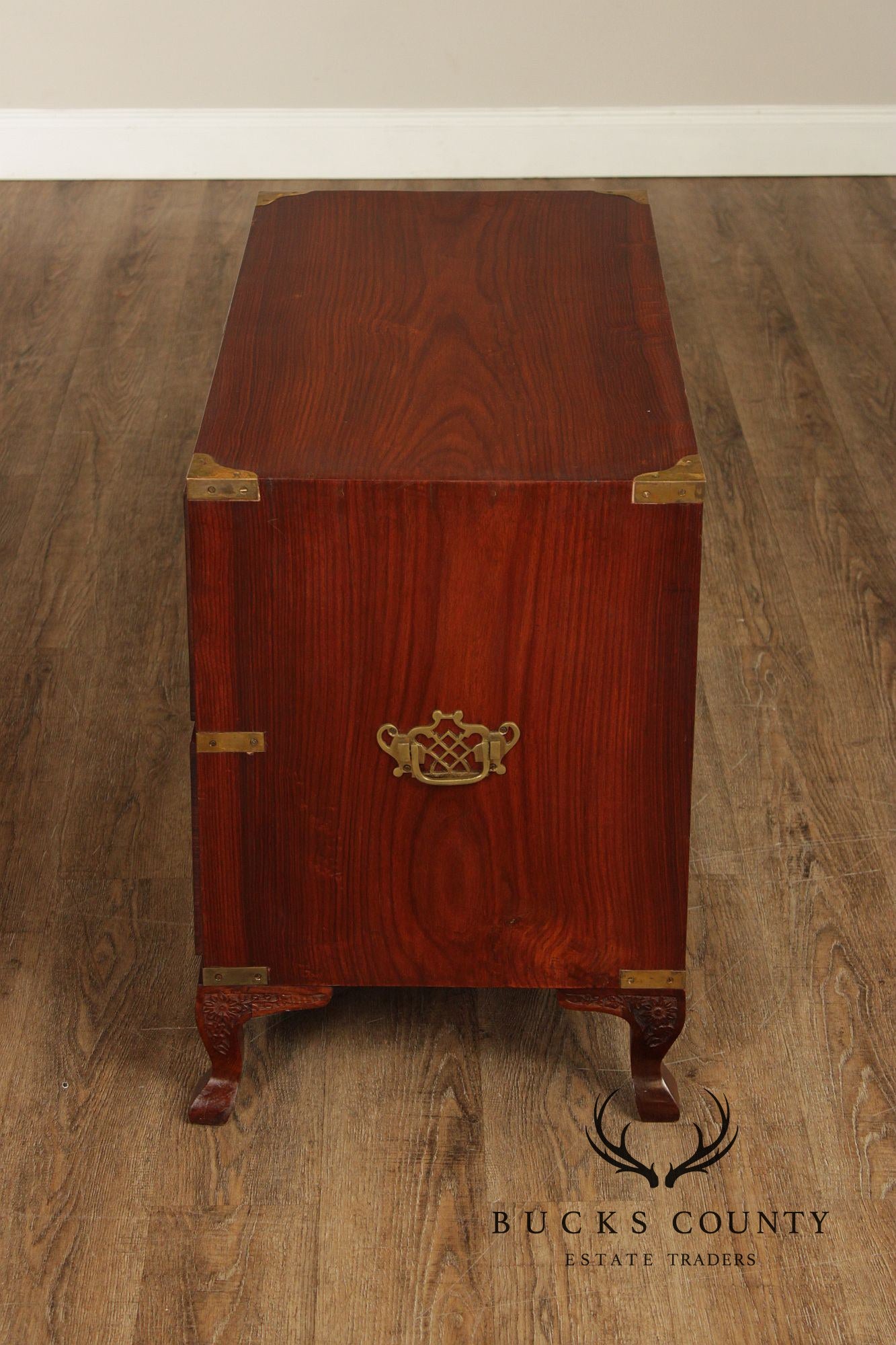 Brass Inlaid And Carved Teak Four Drawer Campaign Chest