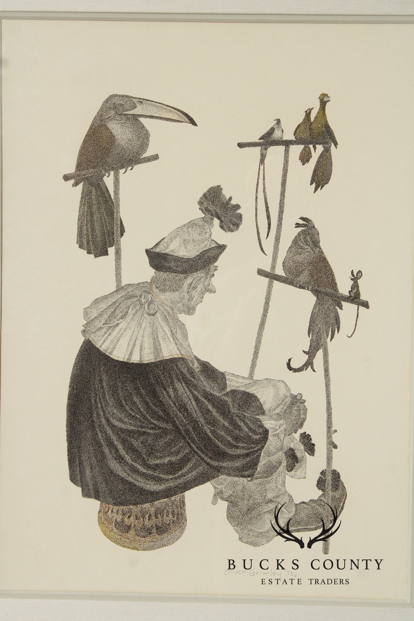 Oliver Grimley Pen and Ink Drawing, Harlequin and Friends