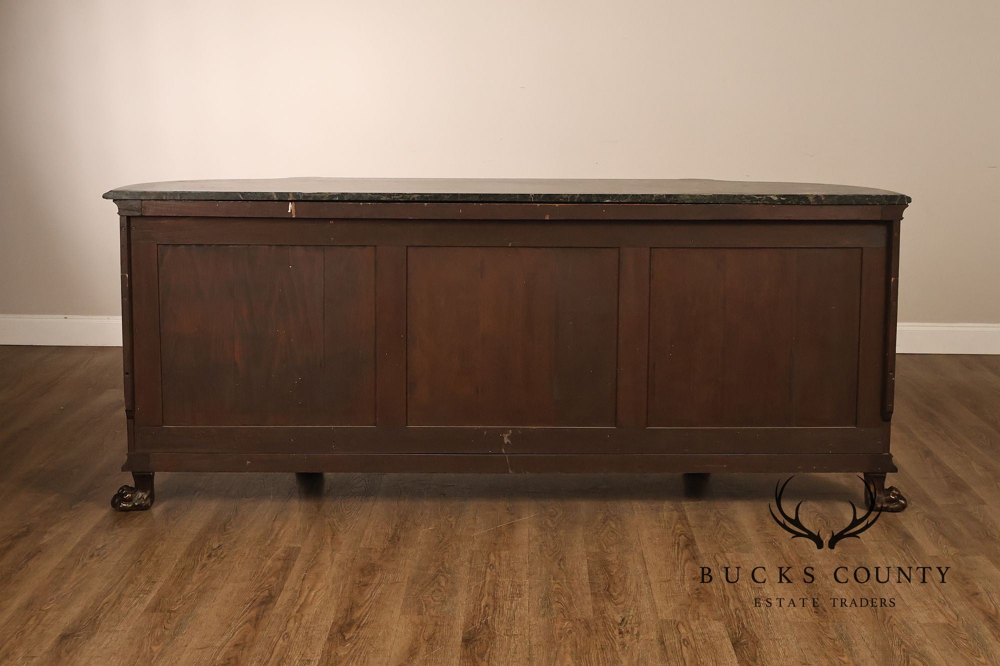 Antique Marble Top Mahogany Inlaid Figural Carved Buffet Sideboard