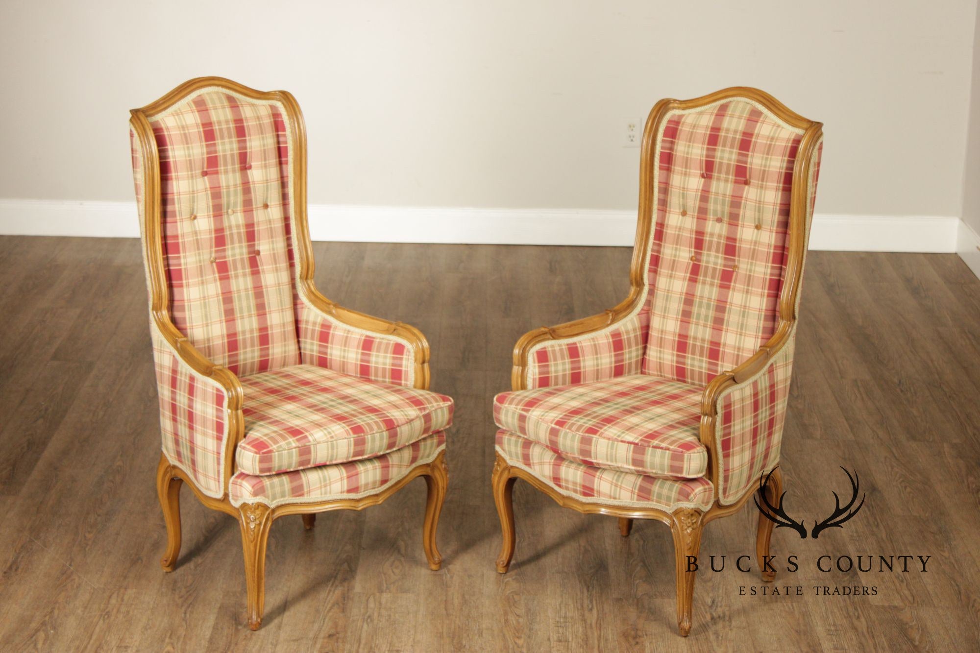 Pair Of Country French Carved Fruitwood Wingback Host Chairs