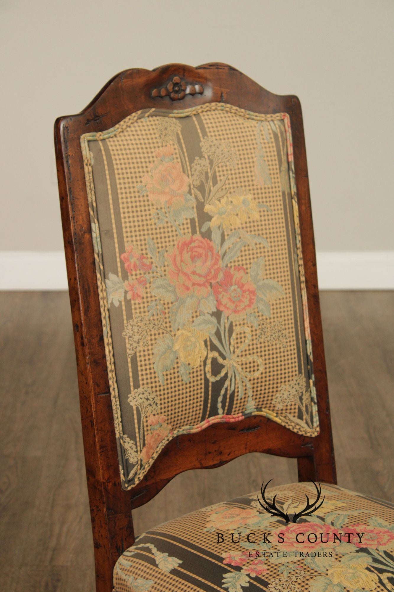 Guy Chaddock Set Of Six French Country Style Carved Frame Upholstered Dining Chairs
