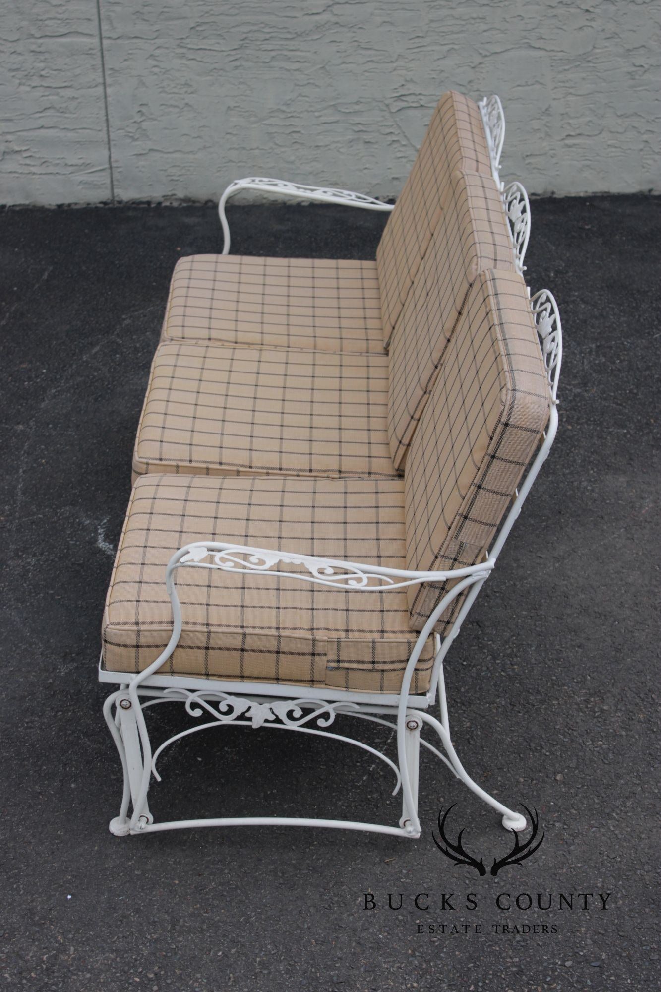 Lyon-Shaw Vintage Outdoor Patio Sofa With Scroll Iron Frame And Cushions