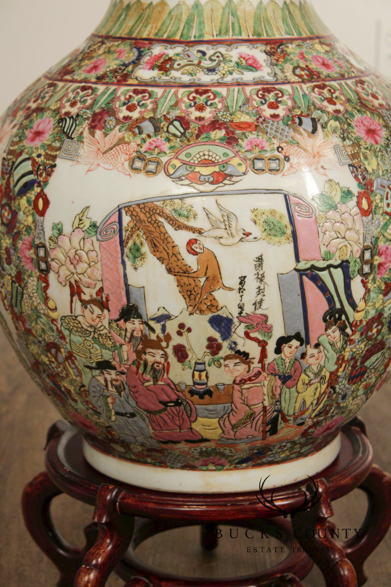 Chinese Rose Medallion Porcelain Palace Floor Vase on Stand