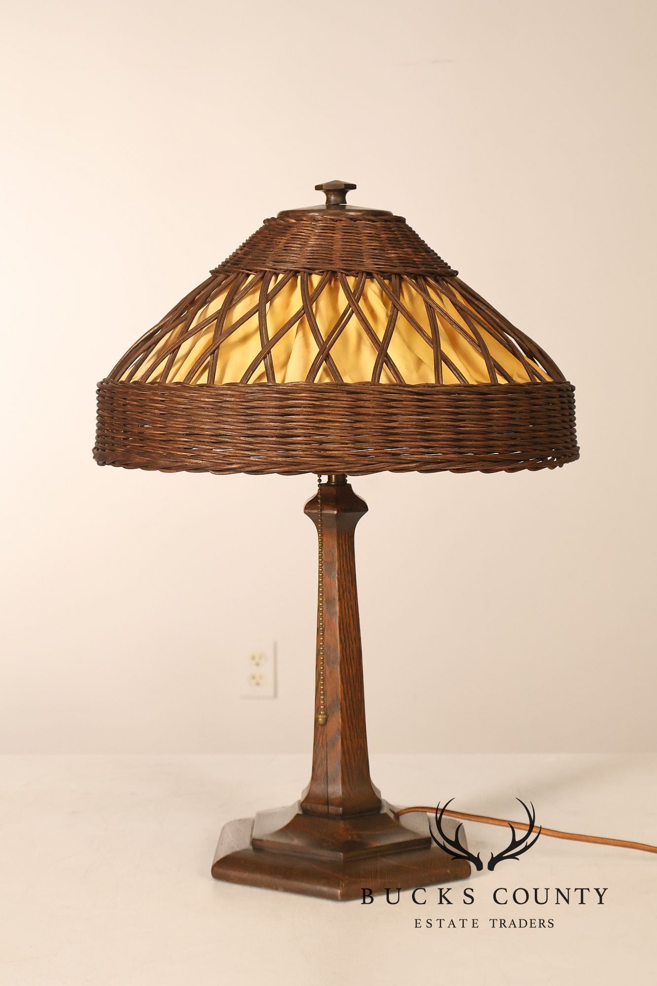 Antique Arts And Crafts Oak Table Lamp With Wicker Shade
