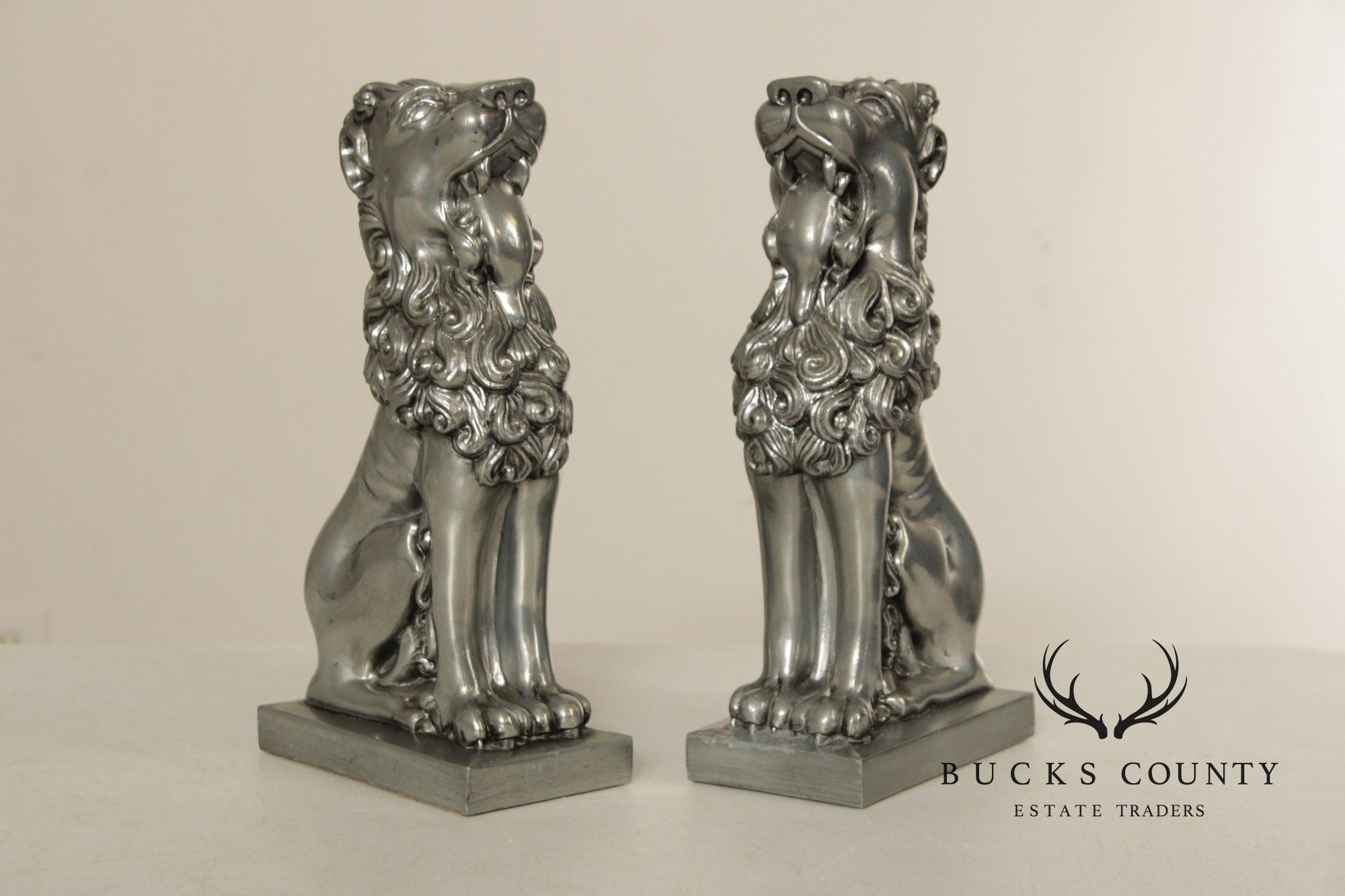 Vintage Pair Of Silvered Metal Lion Bookends