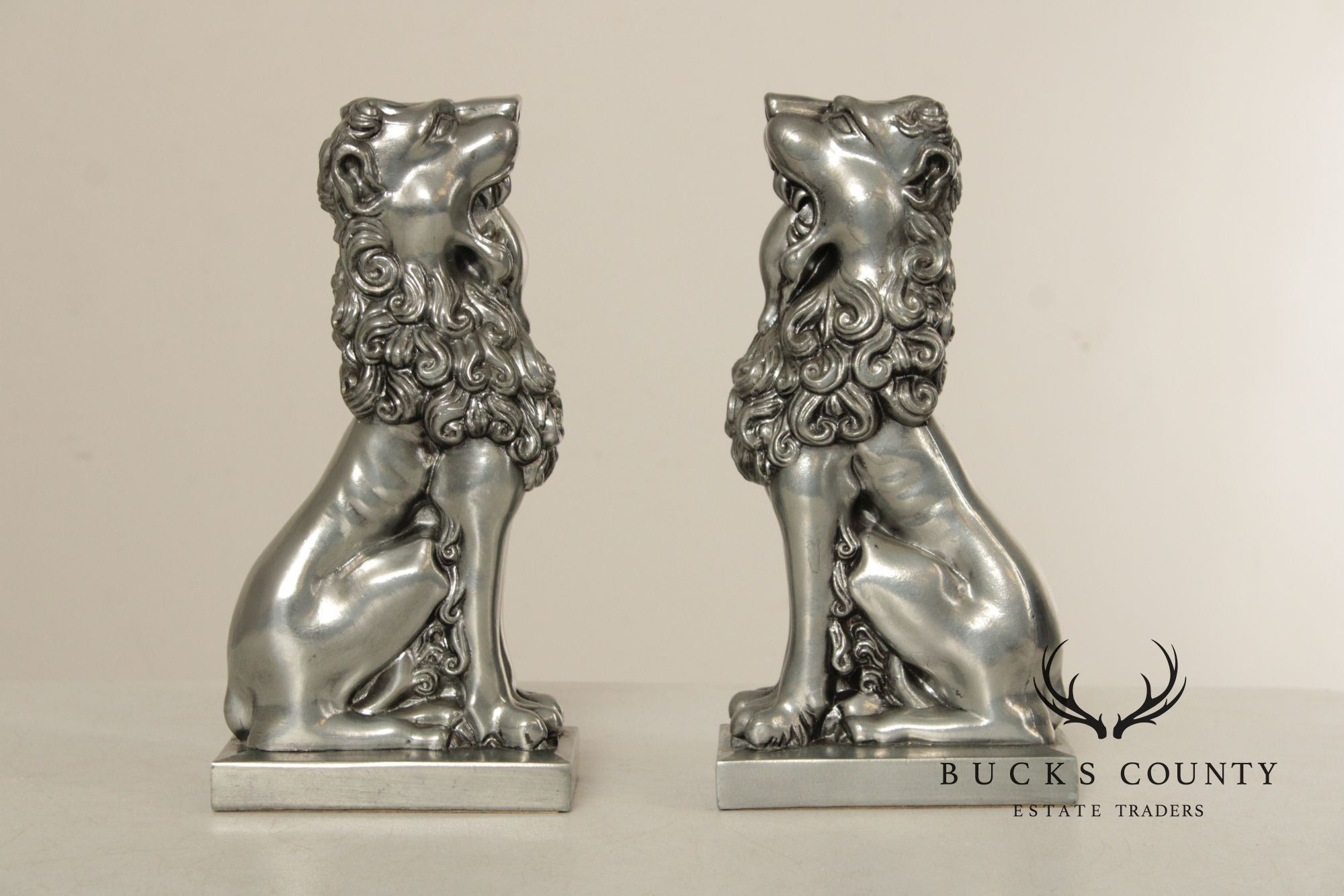 Vintage Pair Of Silvered Metal Lion Bookends