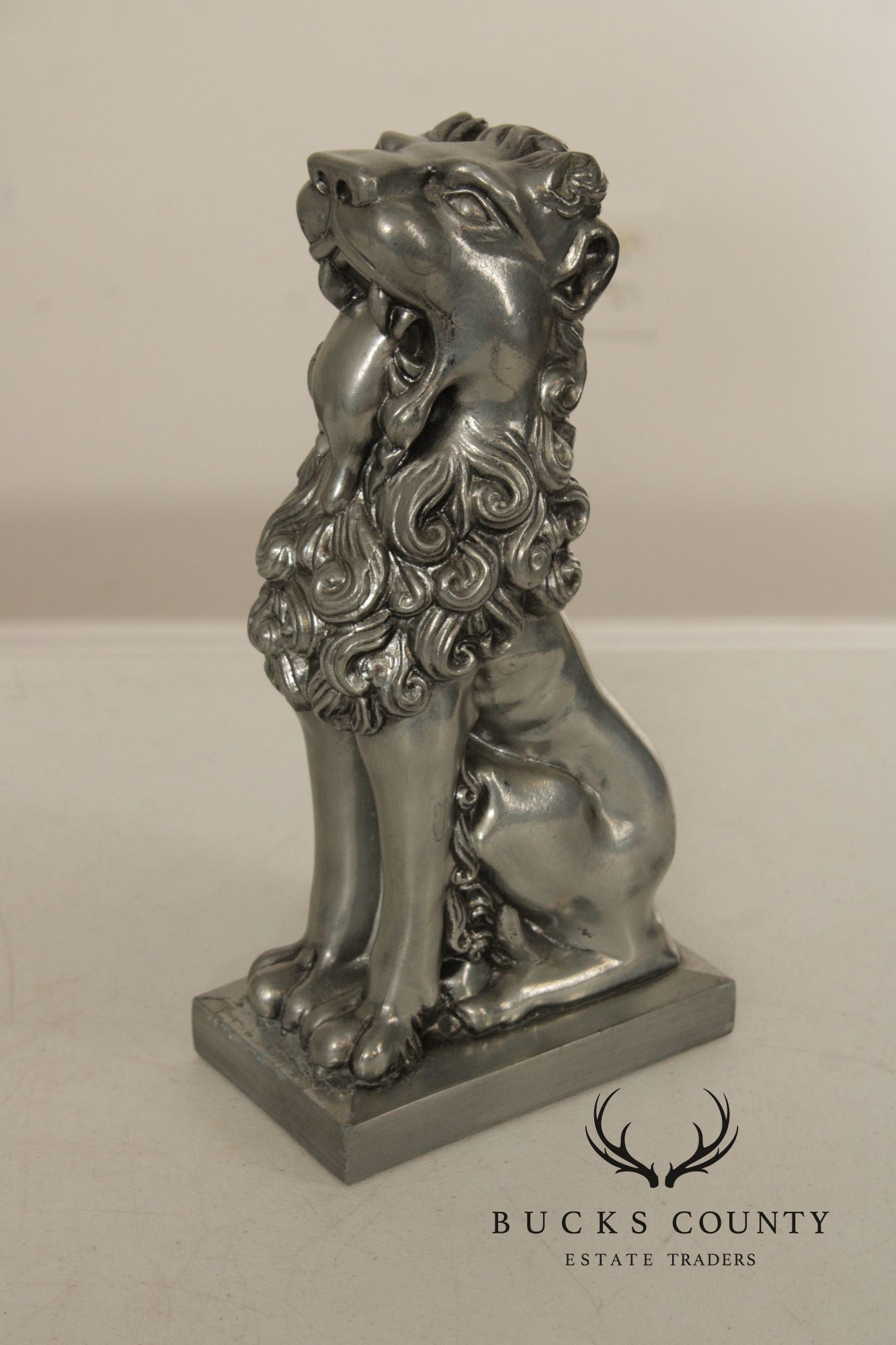 Vintage Pair Of Silvered Metal Lion Bookends
