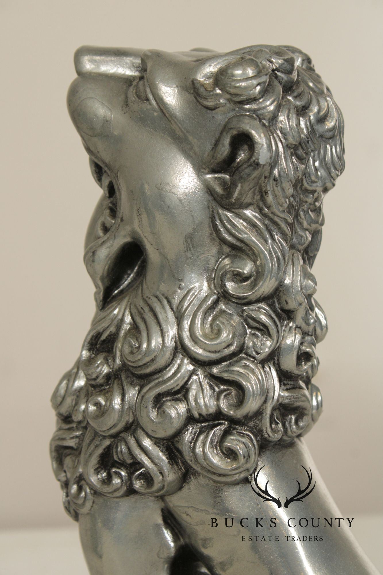 Vintage Pair Of Silvered Metal Lion Bookends