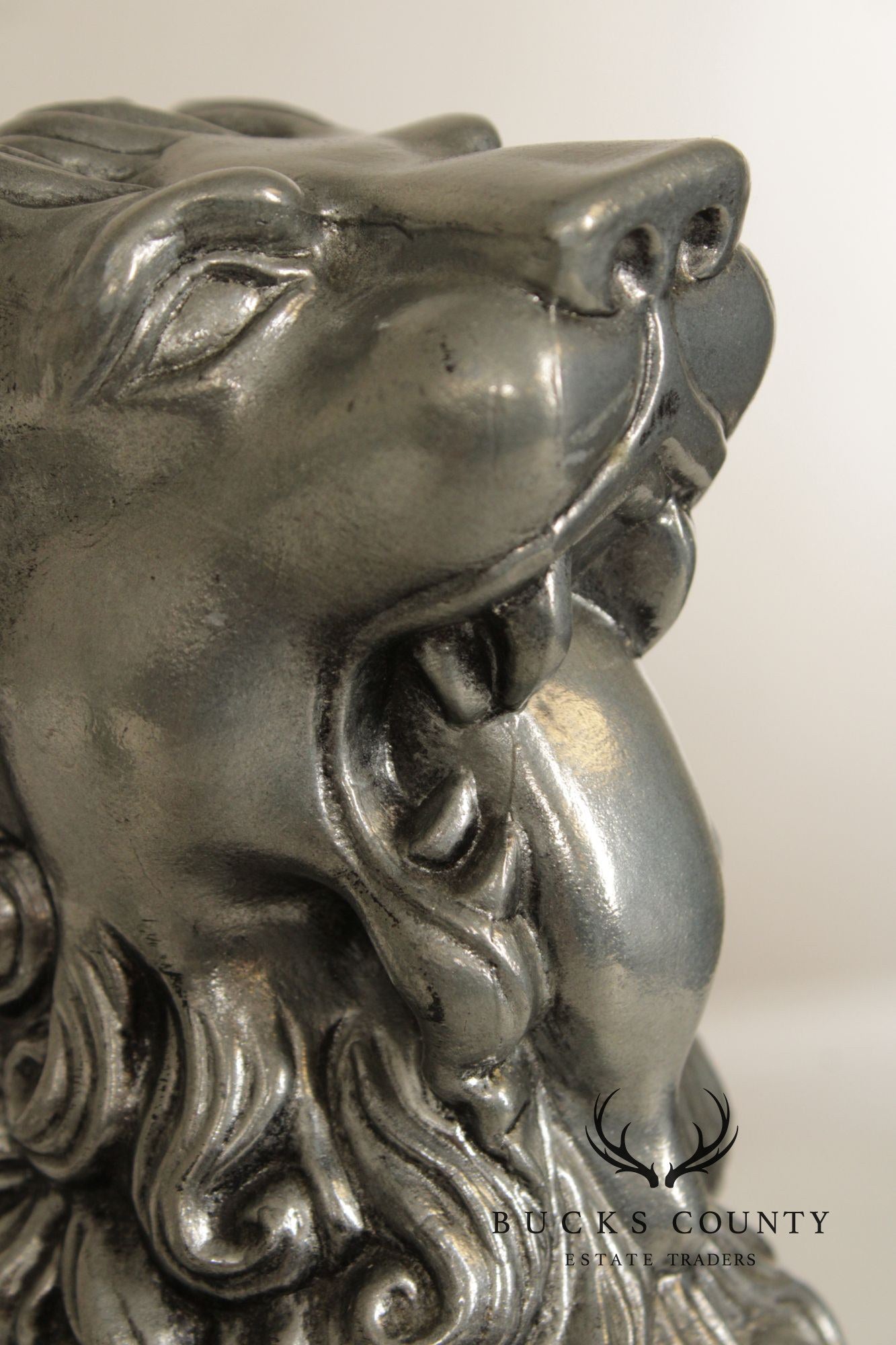 Vintage Pair Of Silvered Metal Lion Bookends