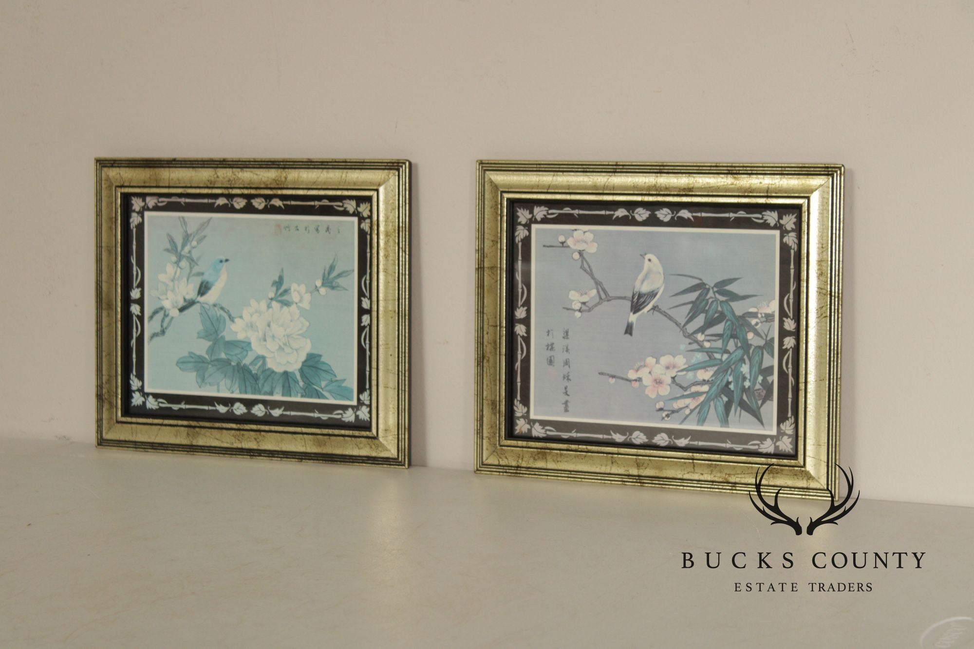 Vintage Asian Style Pair of Bird and Flower Prints