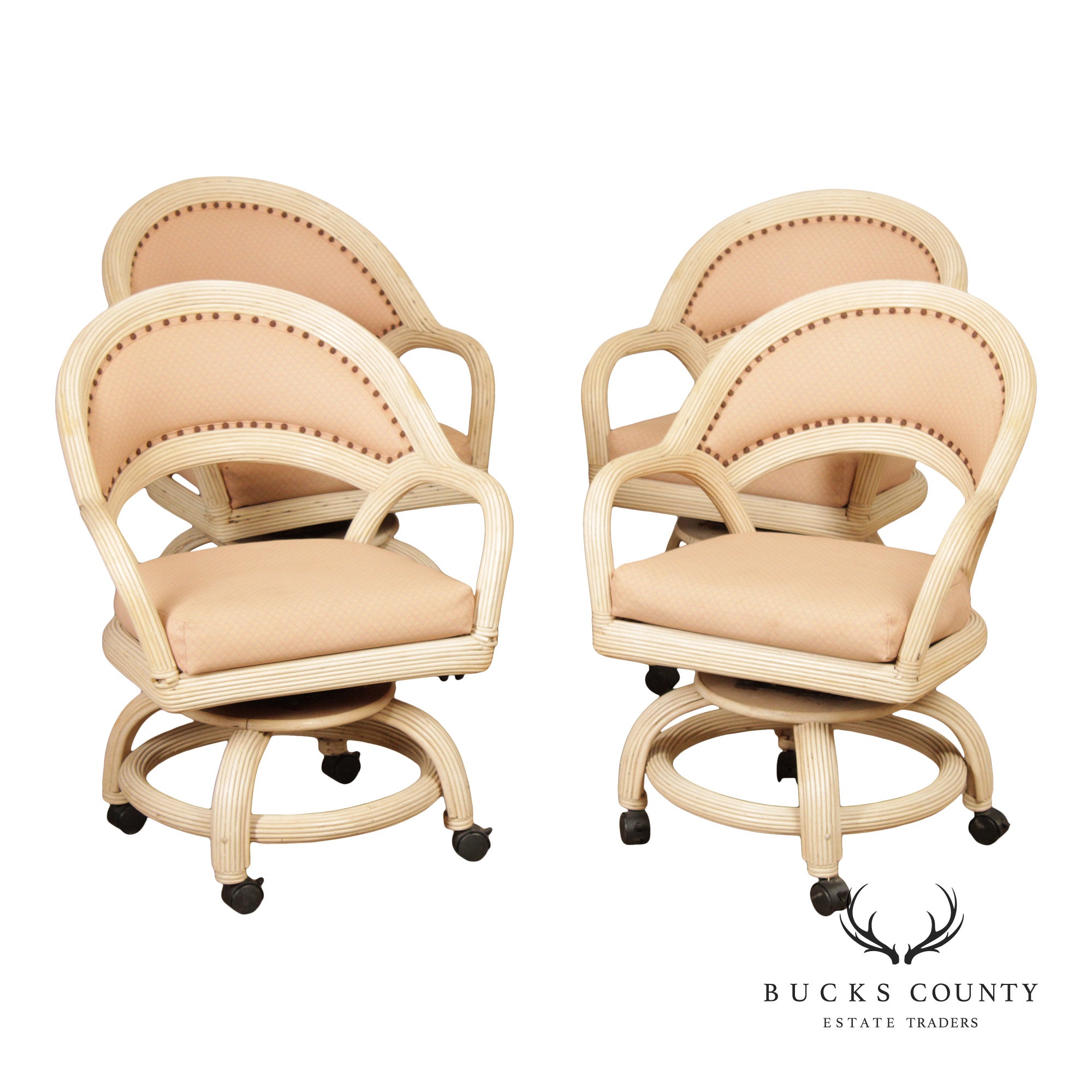 Set Of Four Mid-Century Rattan Swivel Rolling Dining Chairs With Upholstered Seats