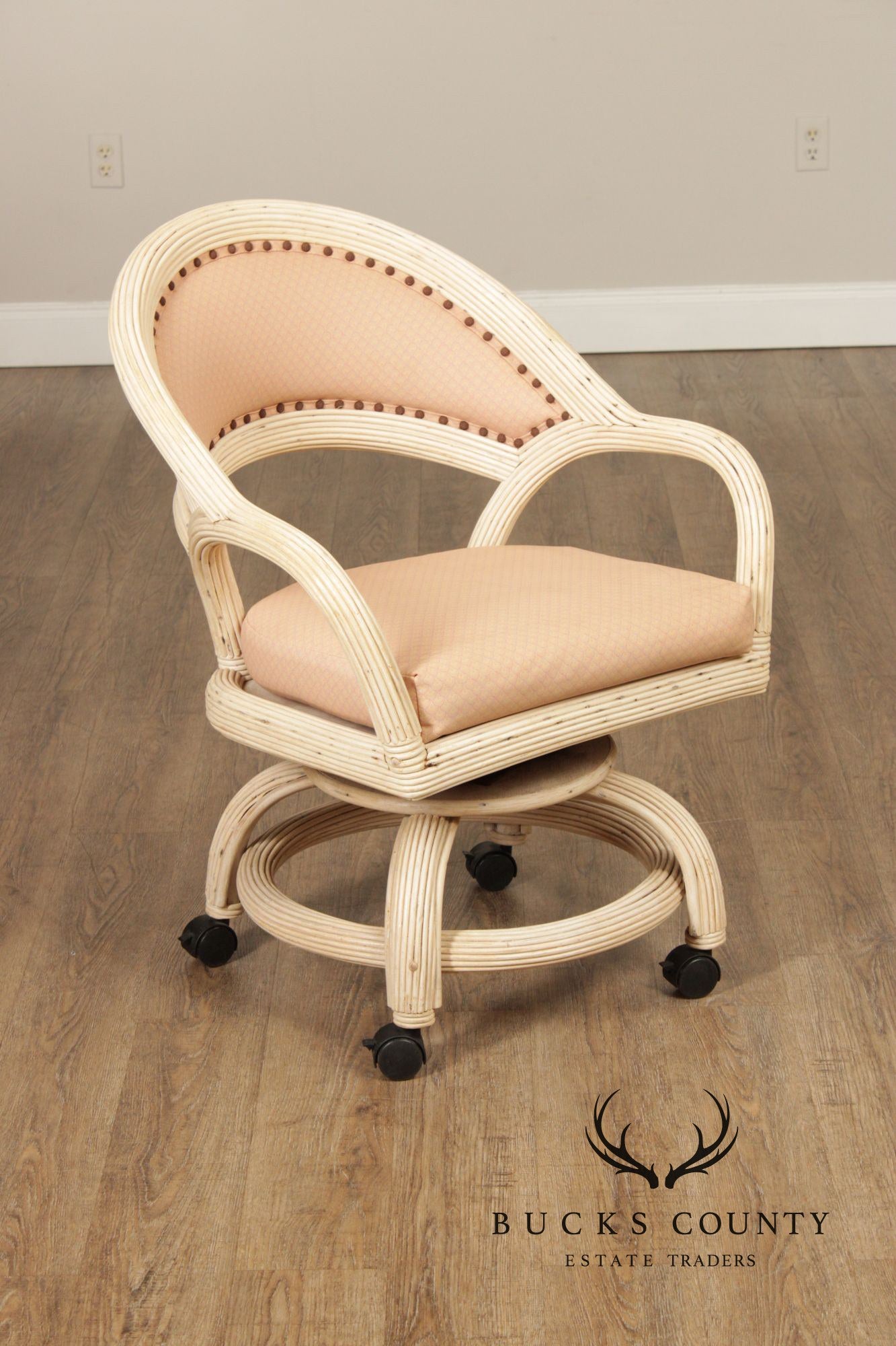 Set Of Four Mid-Century Rattan Swivel Rolling Dining Chairs With Upholstered Seats