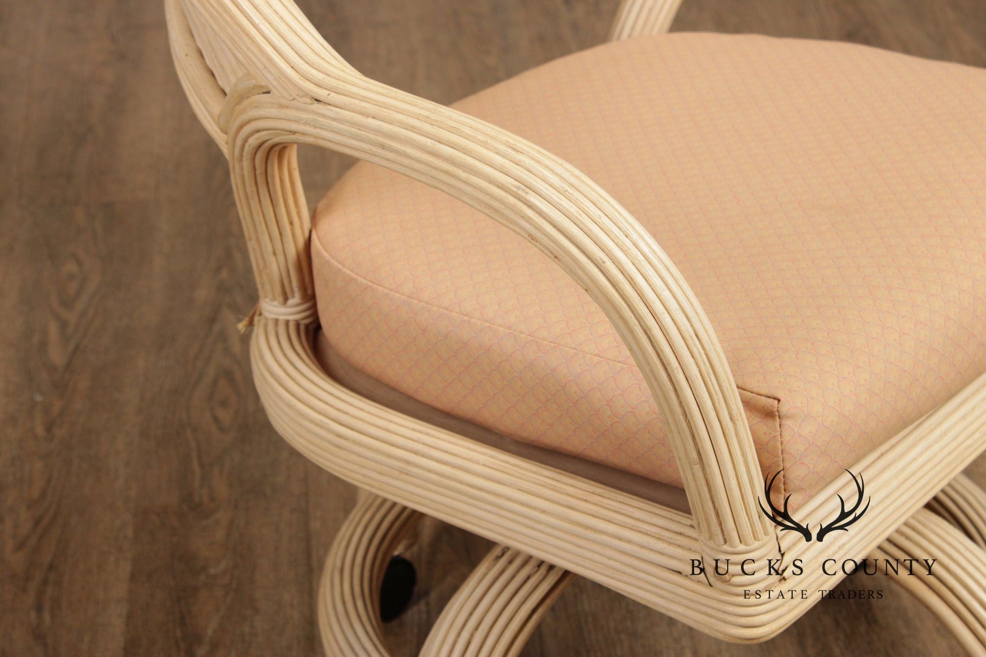Set Of Four Mid-Century Rattan Swivel Rolling Dining Chairs With Upholstered Seats