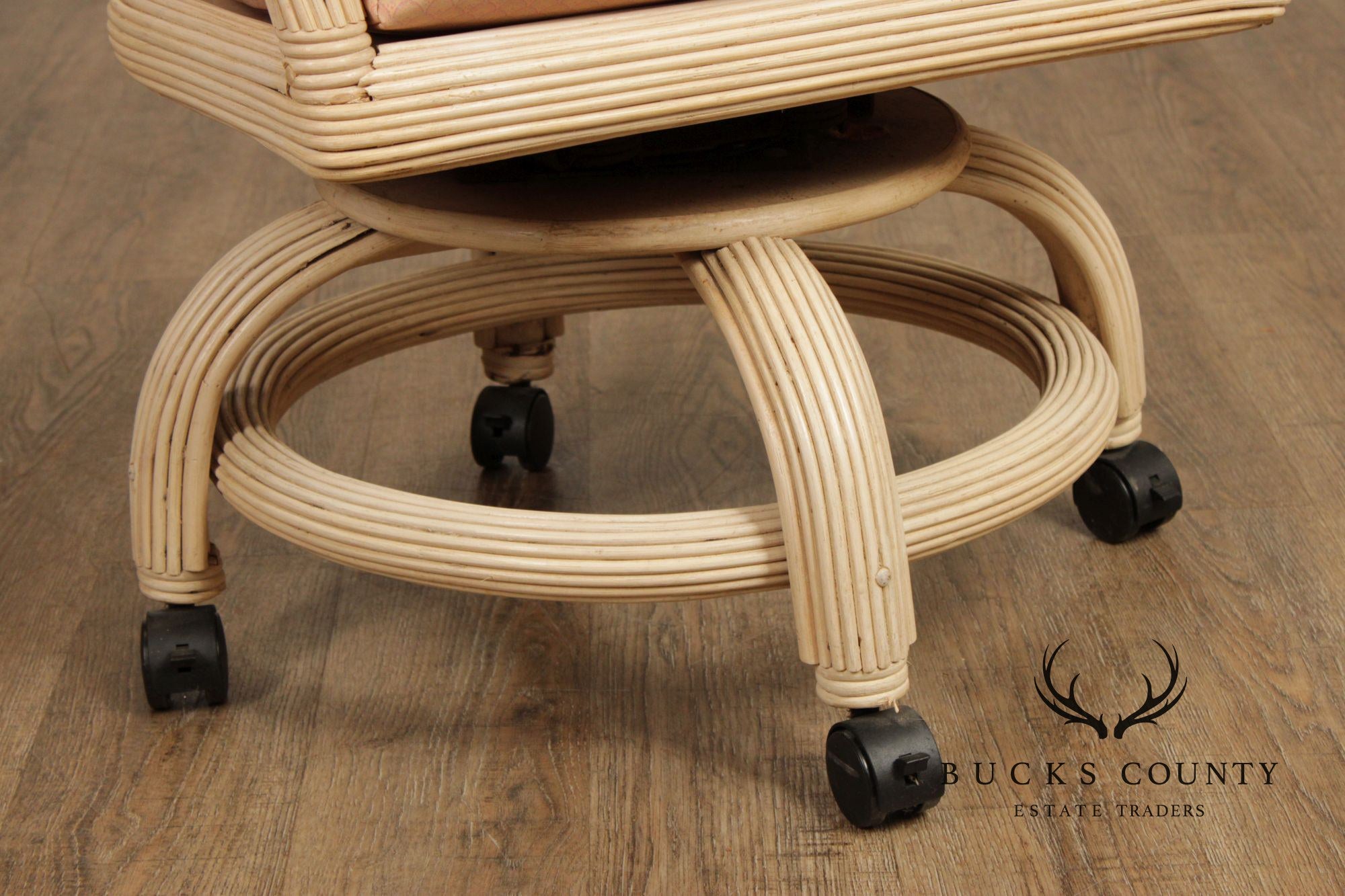 Set Of Four Mid-Century Rattan Swivel Rolling Dining Chairs With Upholstered Seats