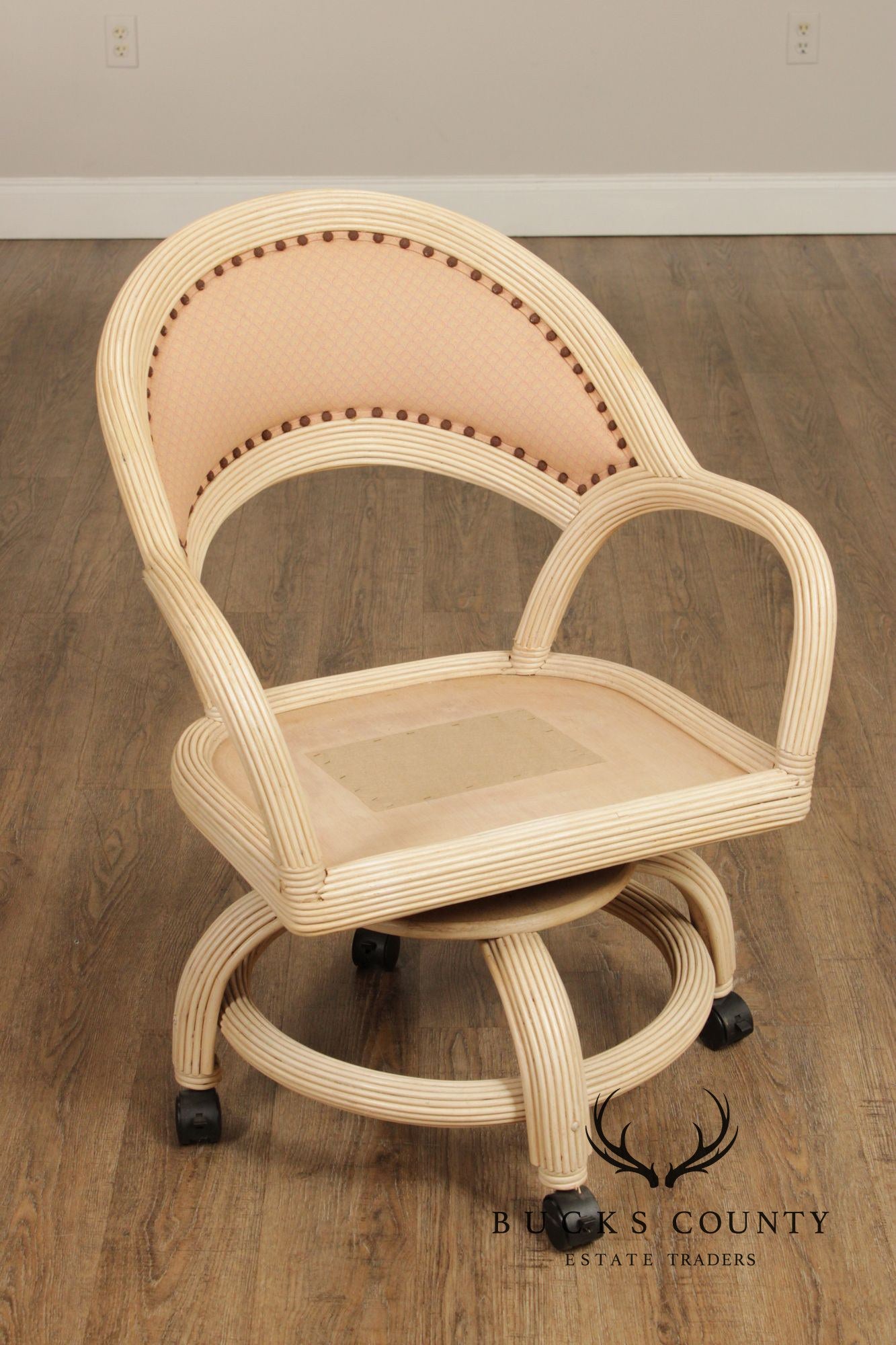 Set Of Four Mid-Century Rattan Swivel Rolling Dining Chairs With Upholstered Seats