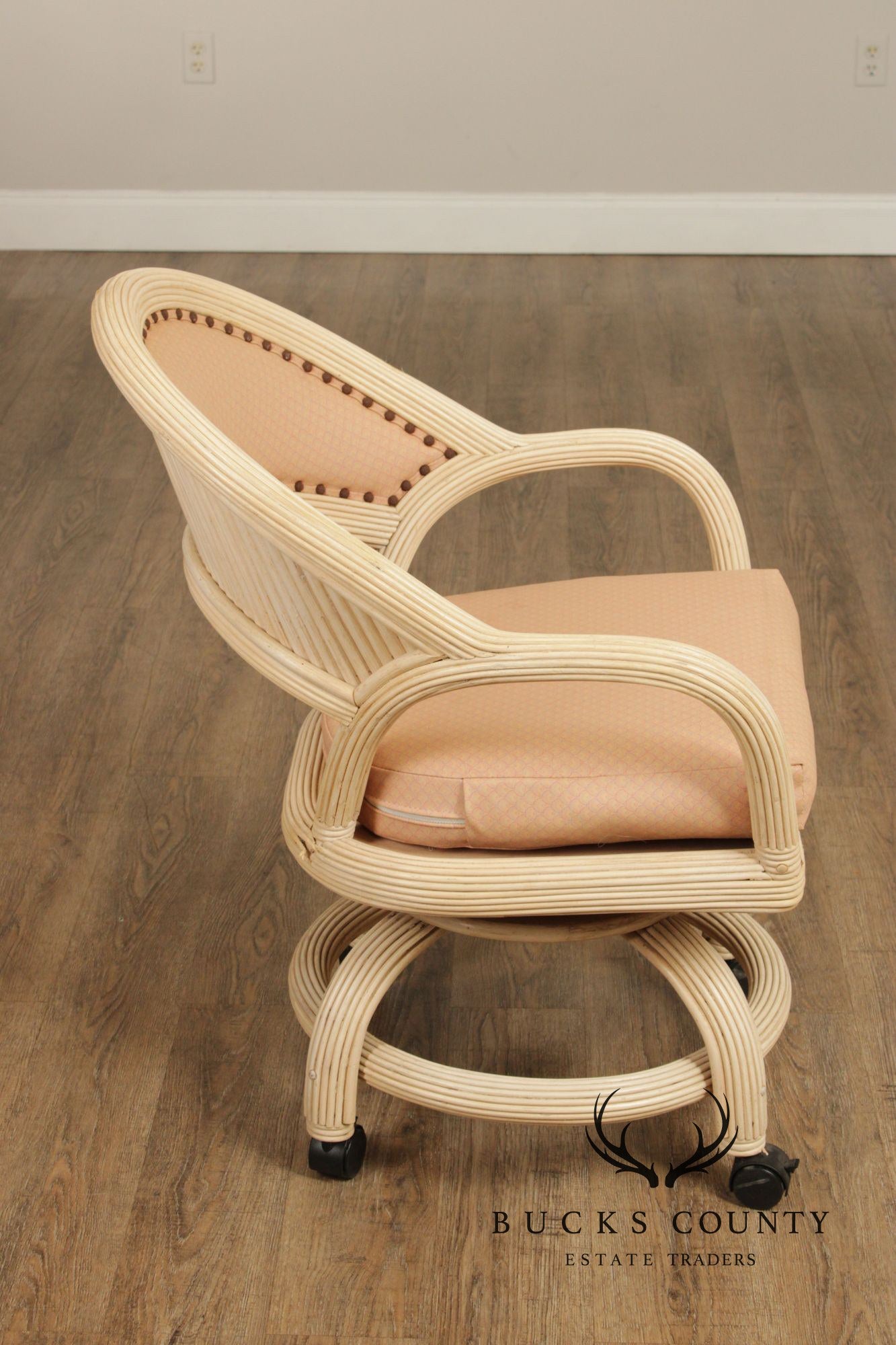 Set Of Four Mid-Century Rattan Swivel Rolling Dining Chairs With Upholstered Seats