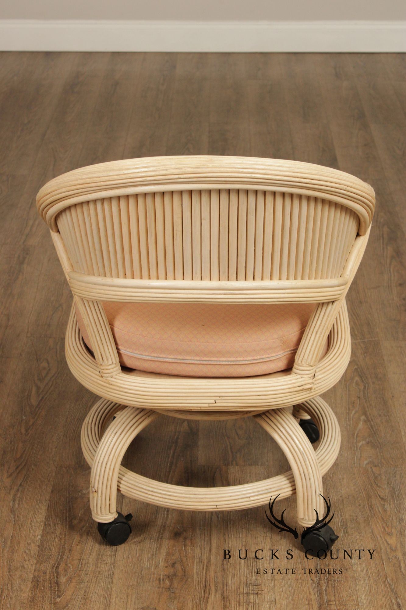 Set Of Four Mid-Century Rattan Swivel Rolling Dining Chairs With Upholstered Seats