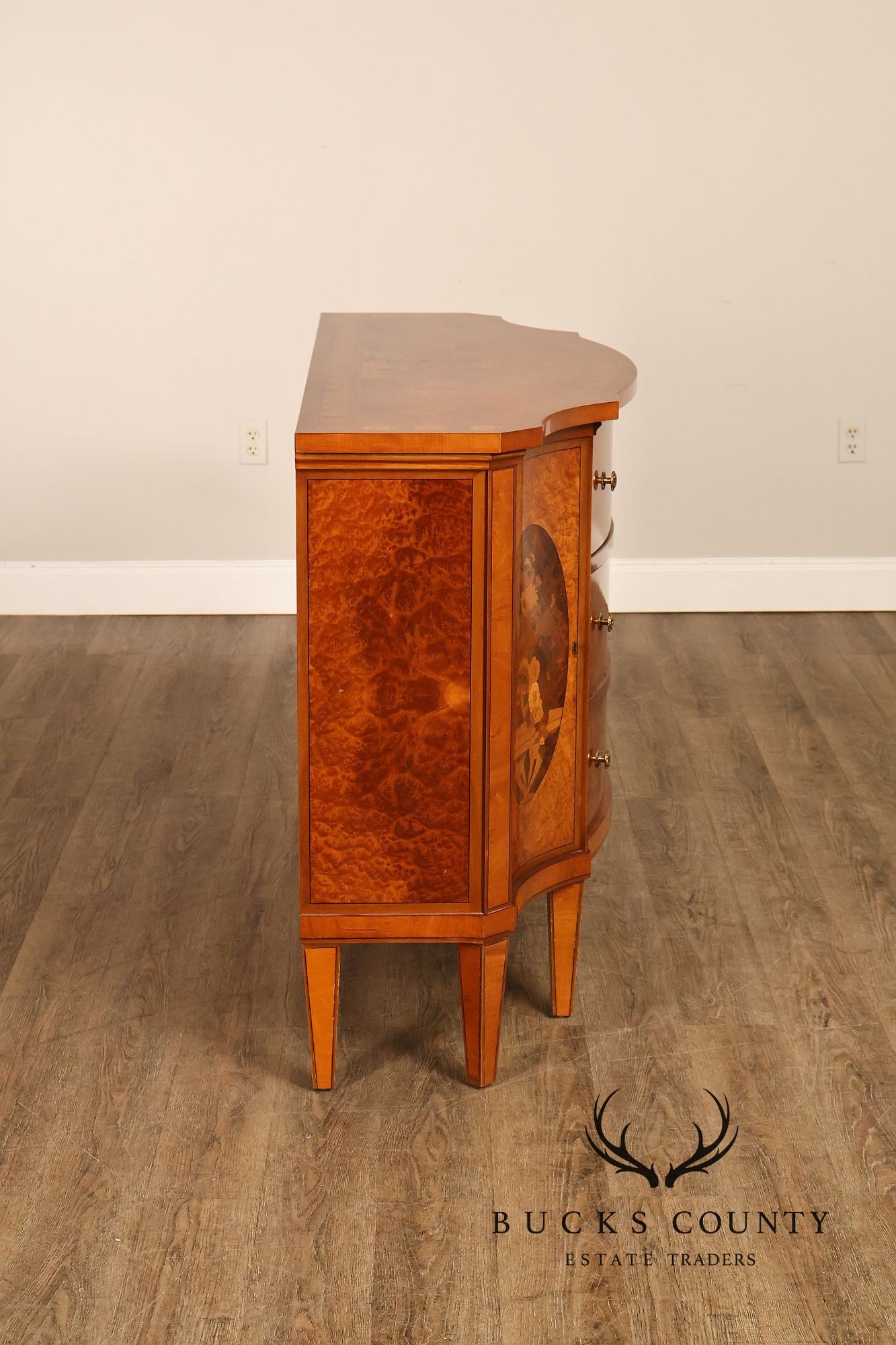 Italian Neoclassical Style Pair of Burl Wood Inlaid Sideboards