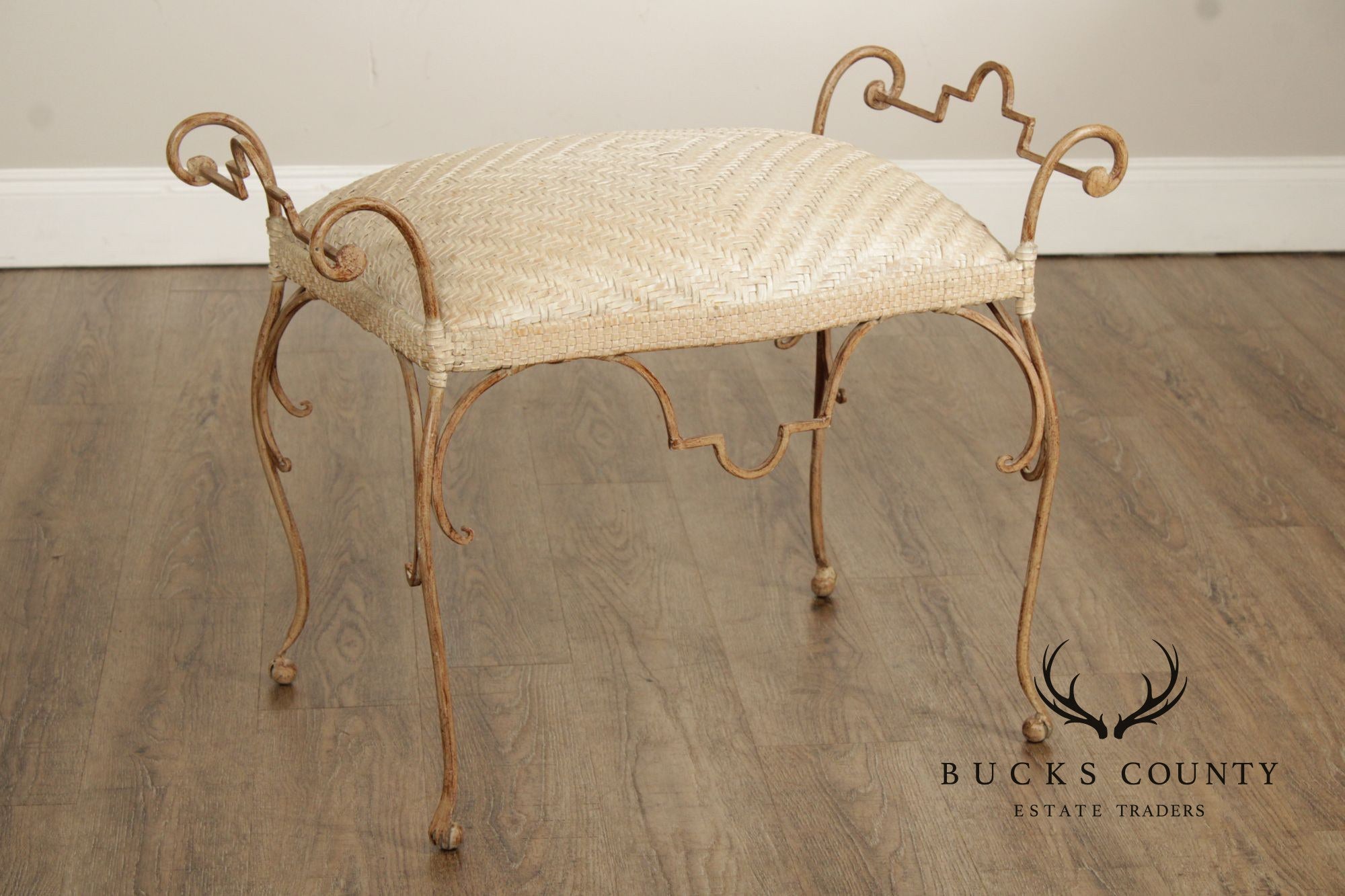Vintage Wrought Iron and Woven Leather Vanity Bench