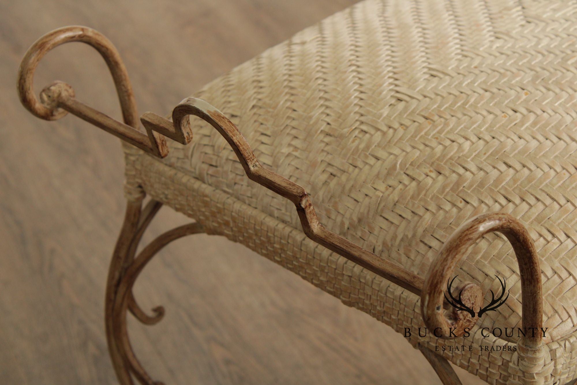 Vintage Wrought Iron and Woven Leather Vanity Bench