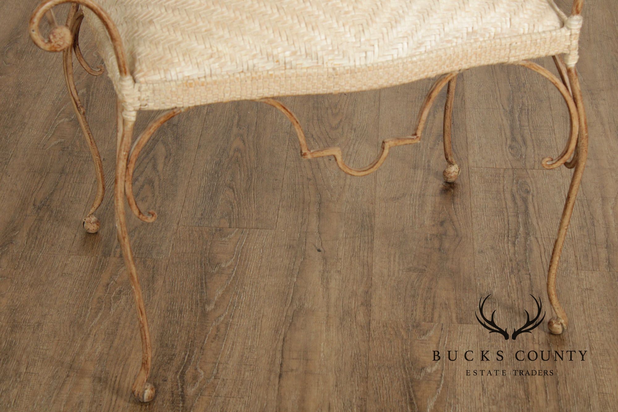 Vintage Wrought Iron and Woven Leather Vanity Bench