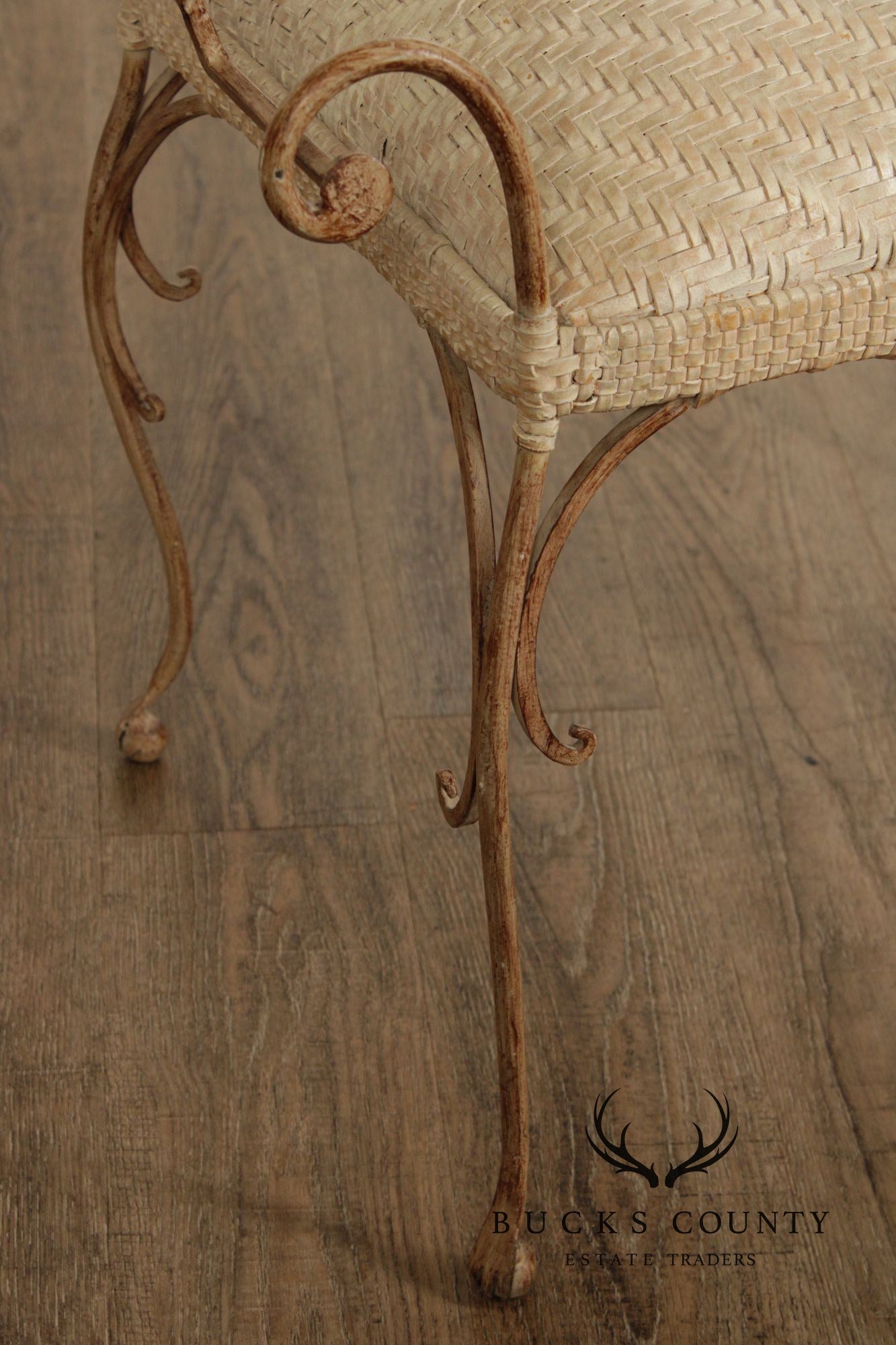 Vintage Wrought Iron and Woven Leather Vanity Bench