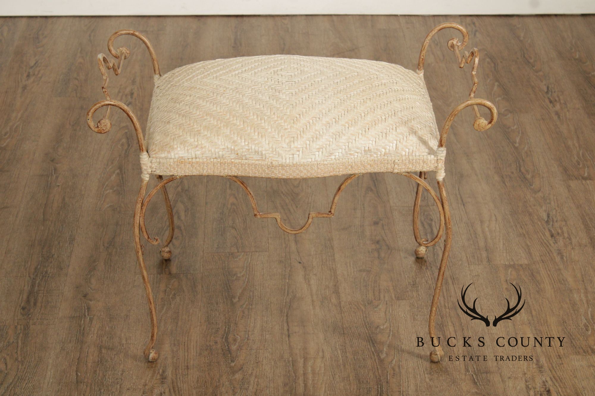Vintage Wrought Iron and Woven Leather Vanity Bench