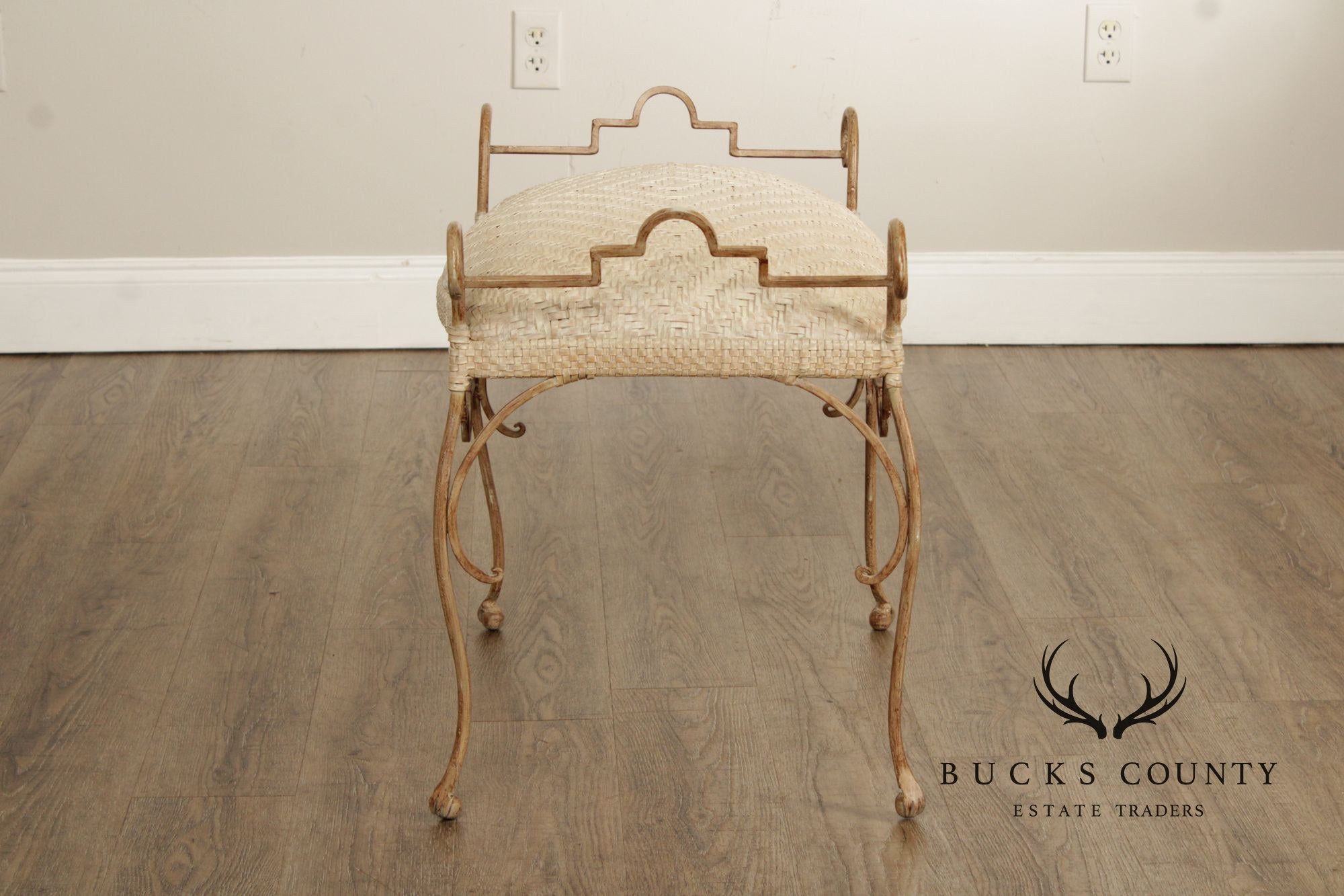 Vintage Wrought Iron and Woven Leather Vanity Bench