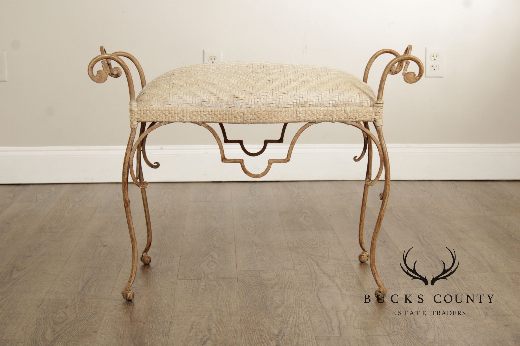 Vintage Wrought Iron and Woven Leather Vanity Bench