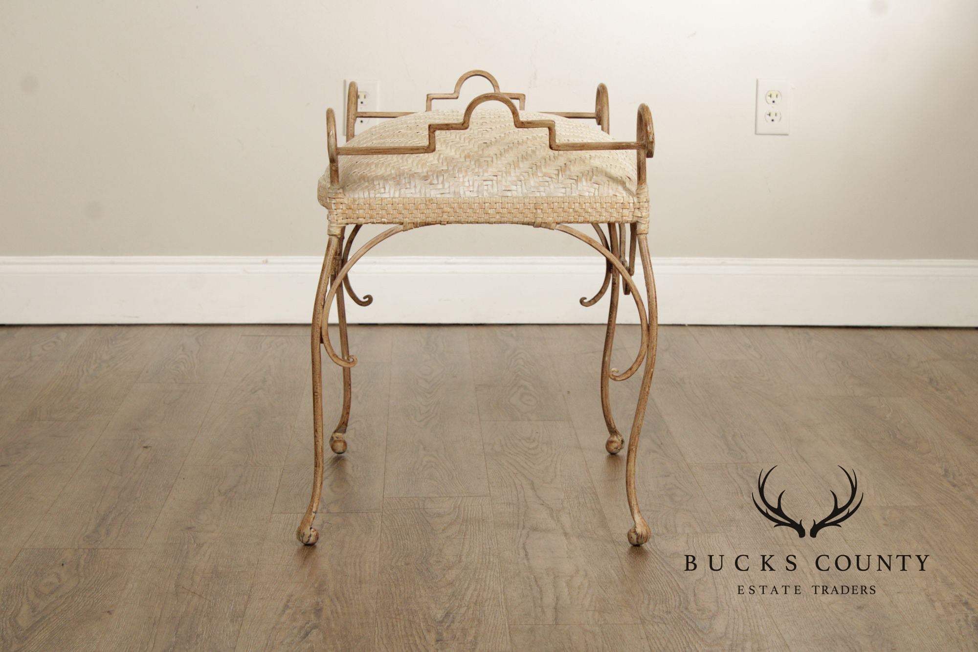 Vintage Wrought Iron and Woven Leather Vanity Bench