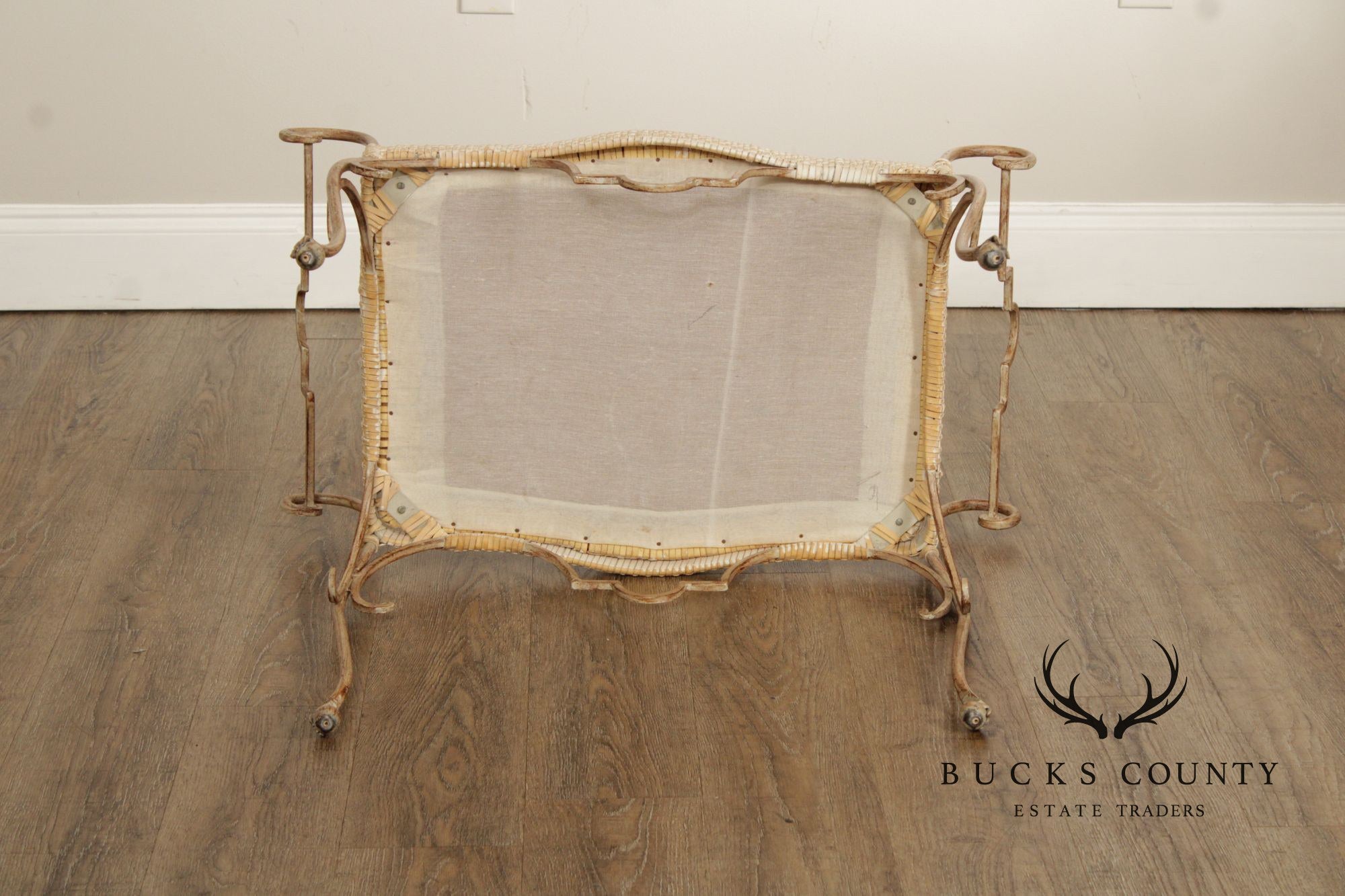 Vintage Wrought Iron and Woven Leather Vanity Bench