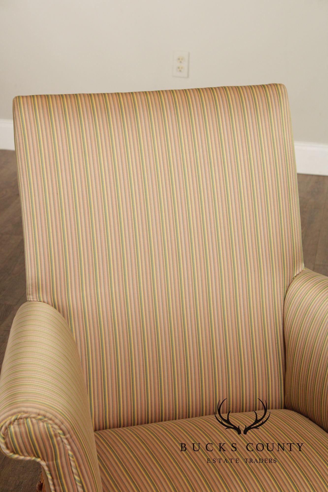 Queen Anne Style Upholstered Armchair With Striped Fabric And Fringe Skirt