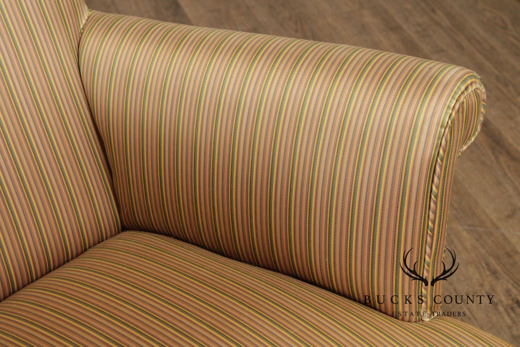 Queen Anne Style Upholstered Armchair With Striped Fabric And Fringe Skirt