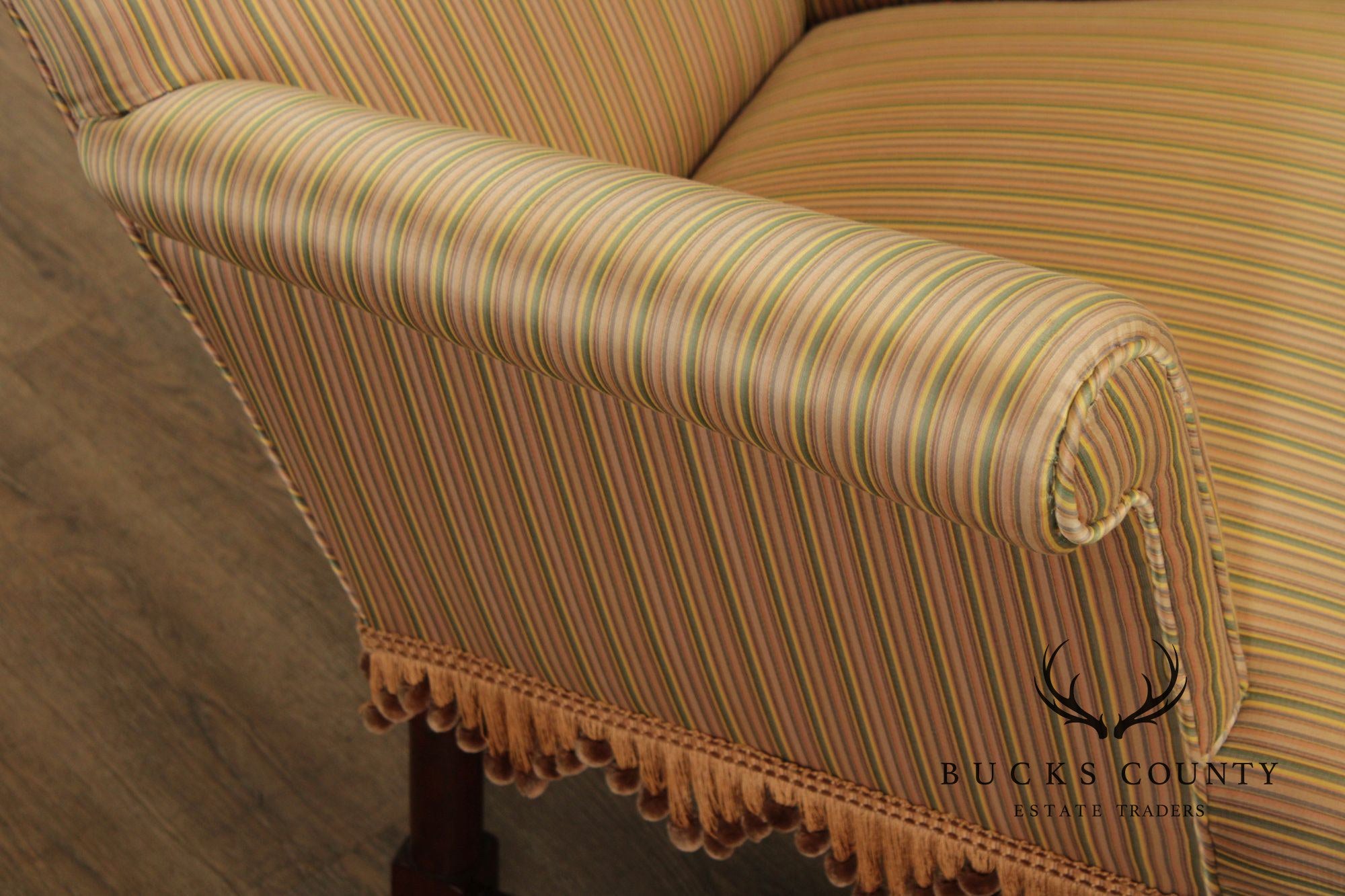 Queen Anne Style Upholstered Armchair With Striped Fabric And Fringe Skirt