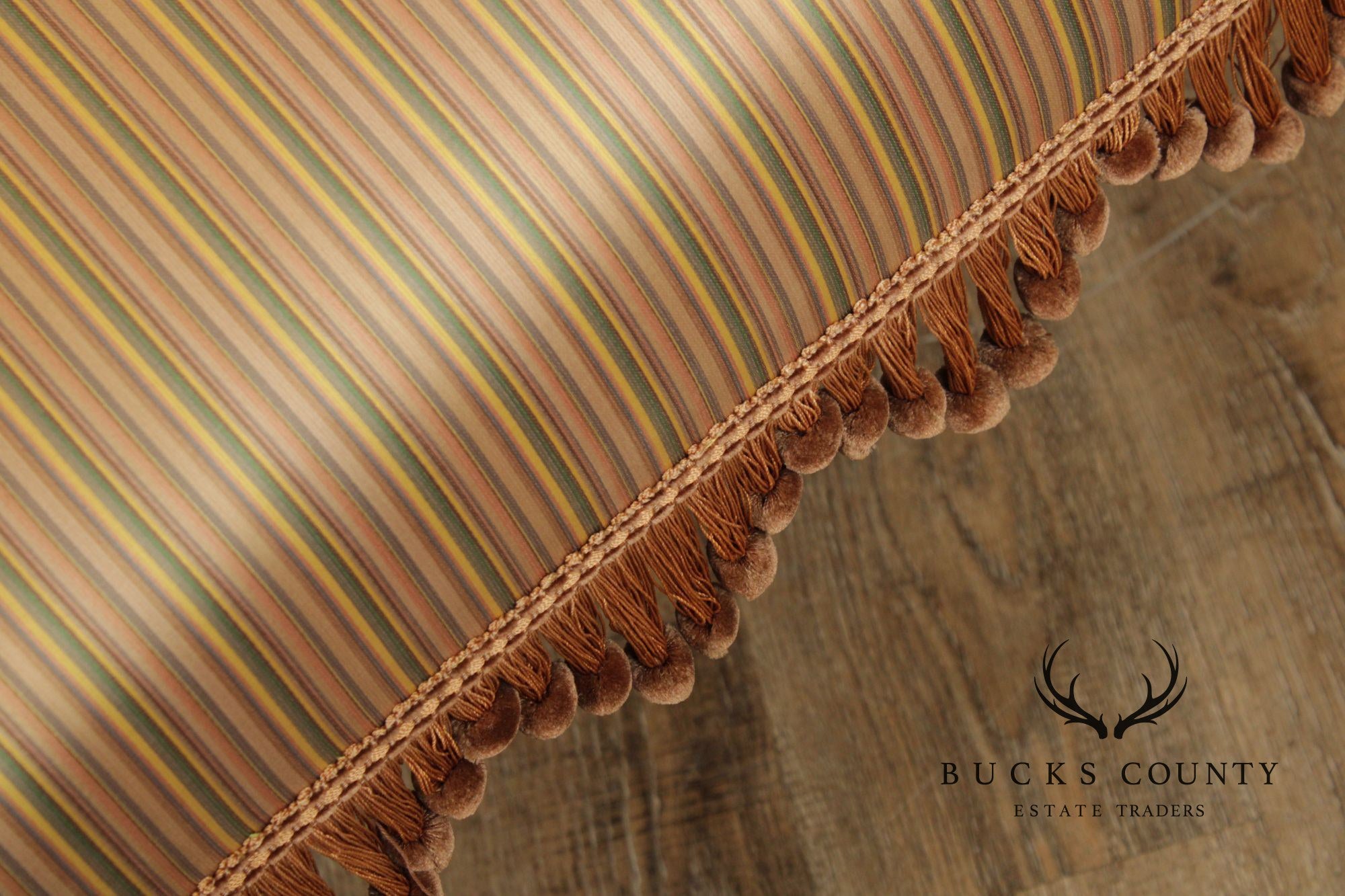 Queen Anne Style Upholstered Armchair With Striped Fabric And Fringe Skirt