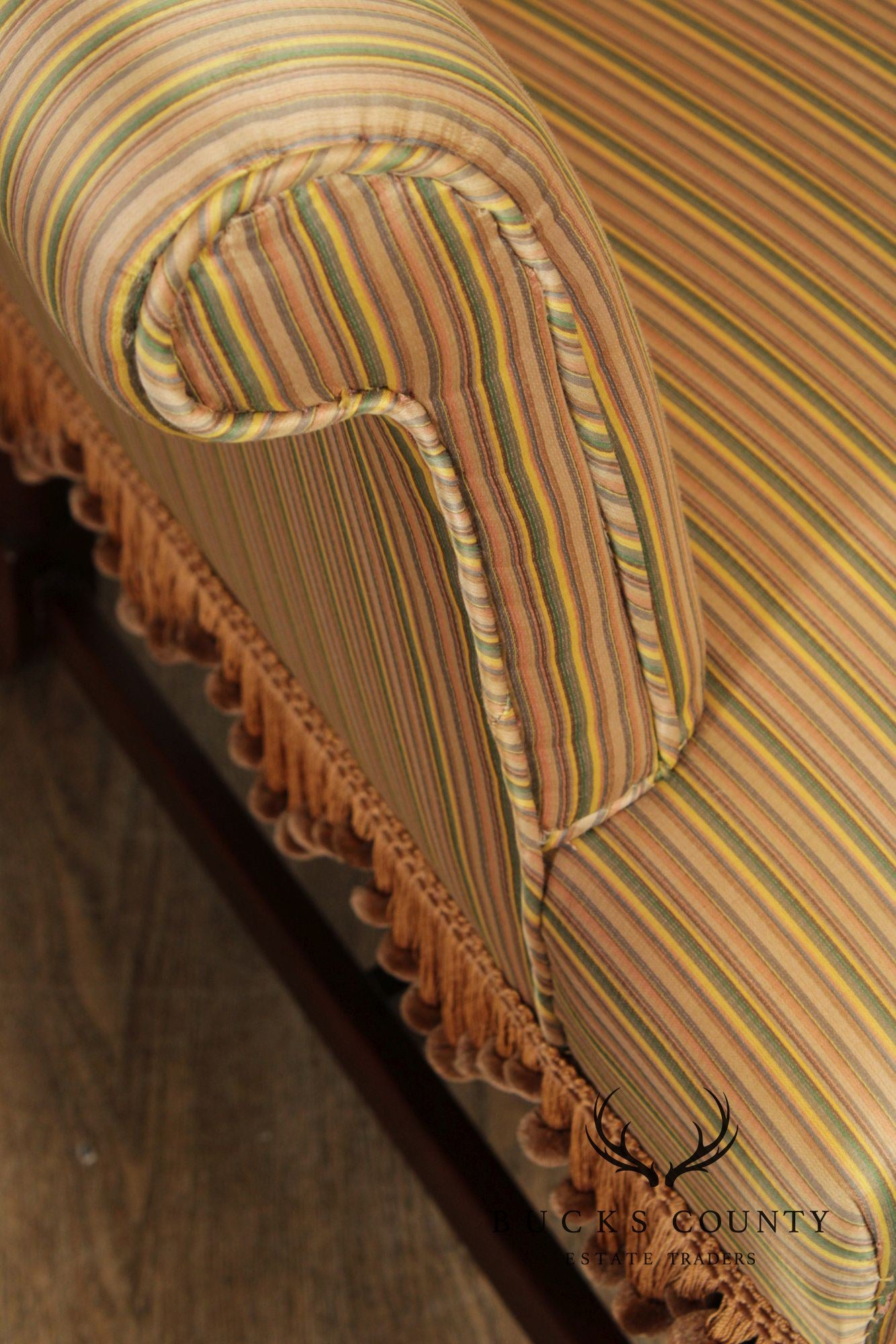 Queen Anne Style Upholstered Armchair With Striped Fabric And Fringe Skirt
