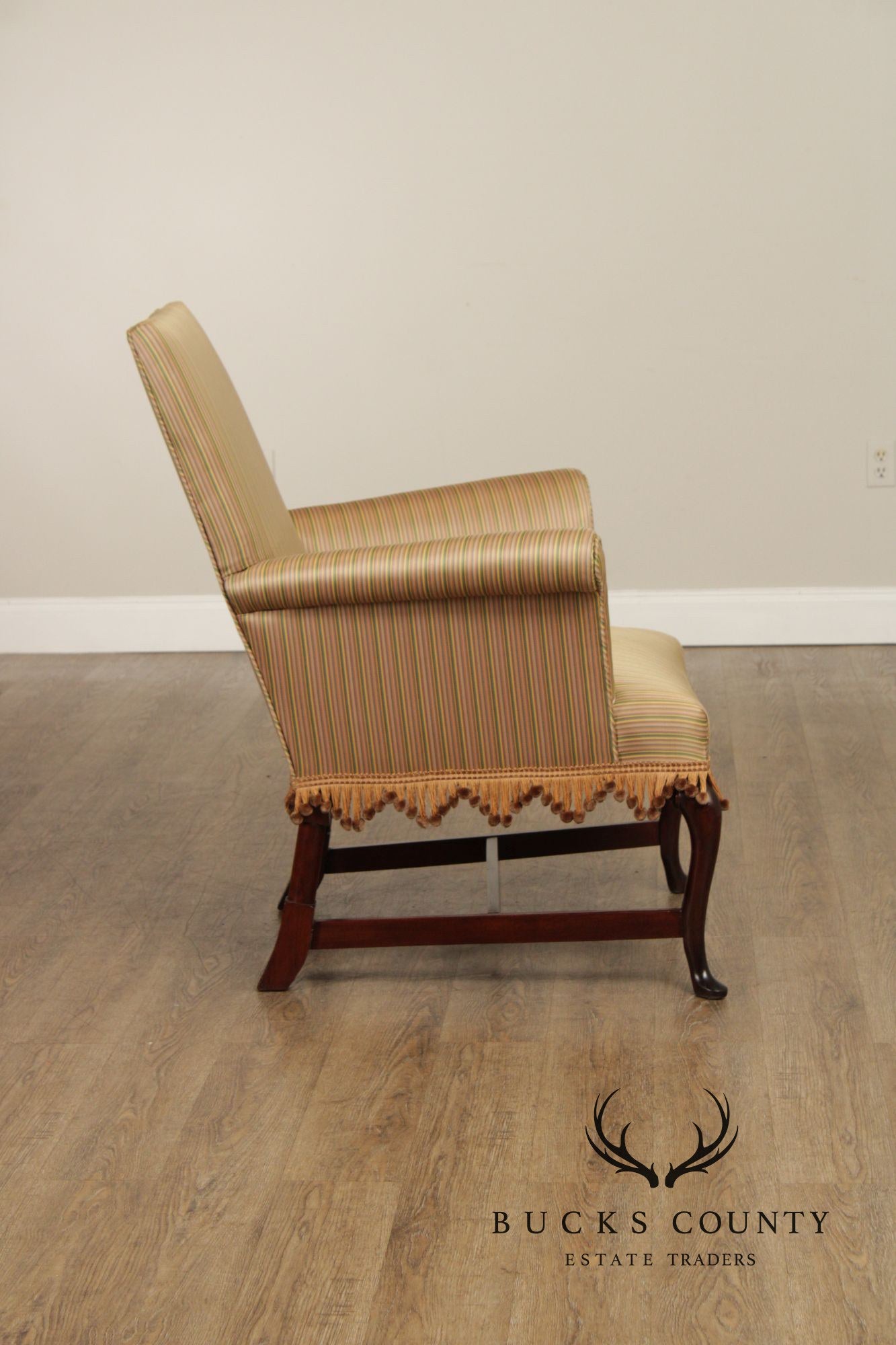 Queen Anne Style Upholstered Armchair With Striped Fabric And Fringe Skirt