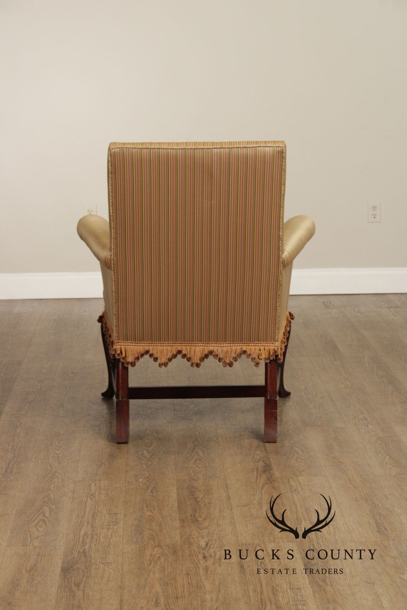 Queen Anne Style Upholstered Armchair With Striped Fabric And Fringe Skirt