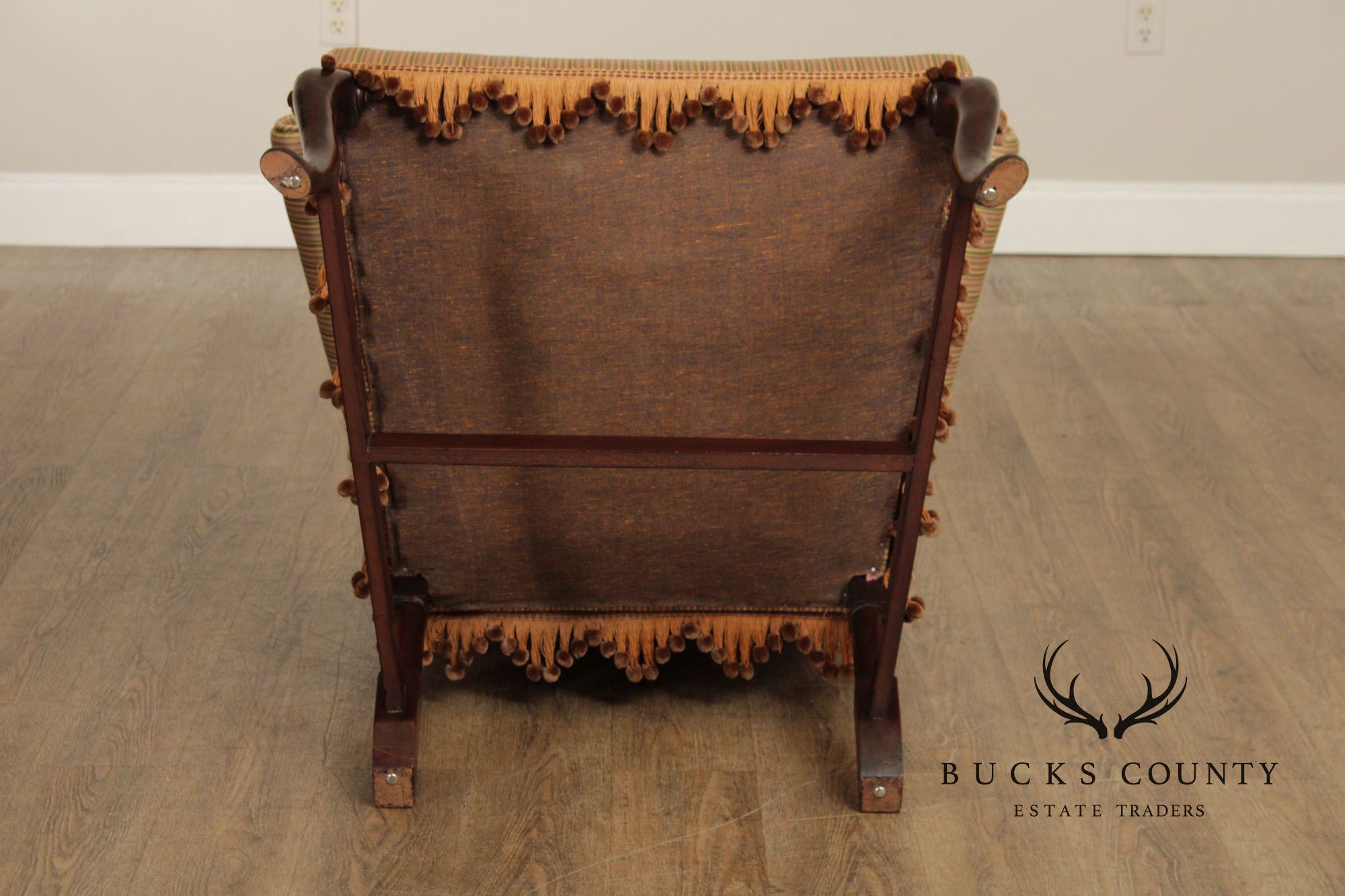 Queen Anne Style Upholstered Armchair With Striped Fabric And Fringe Skirt