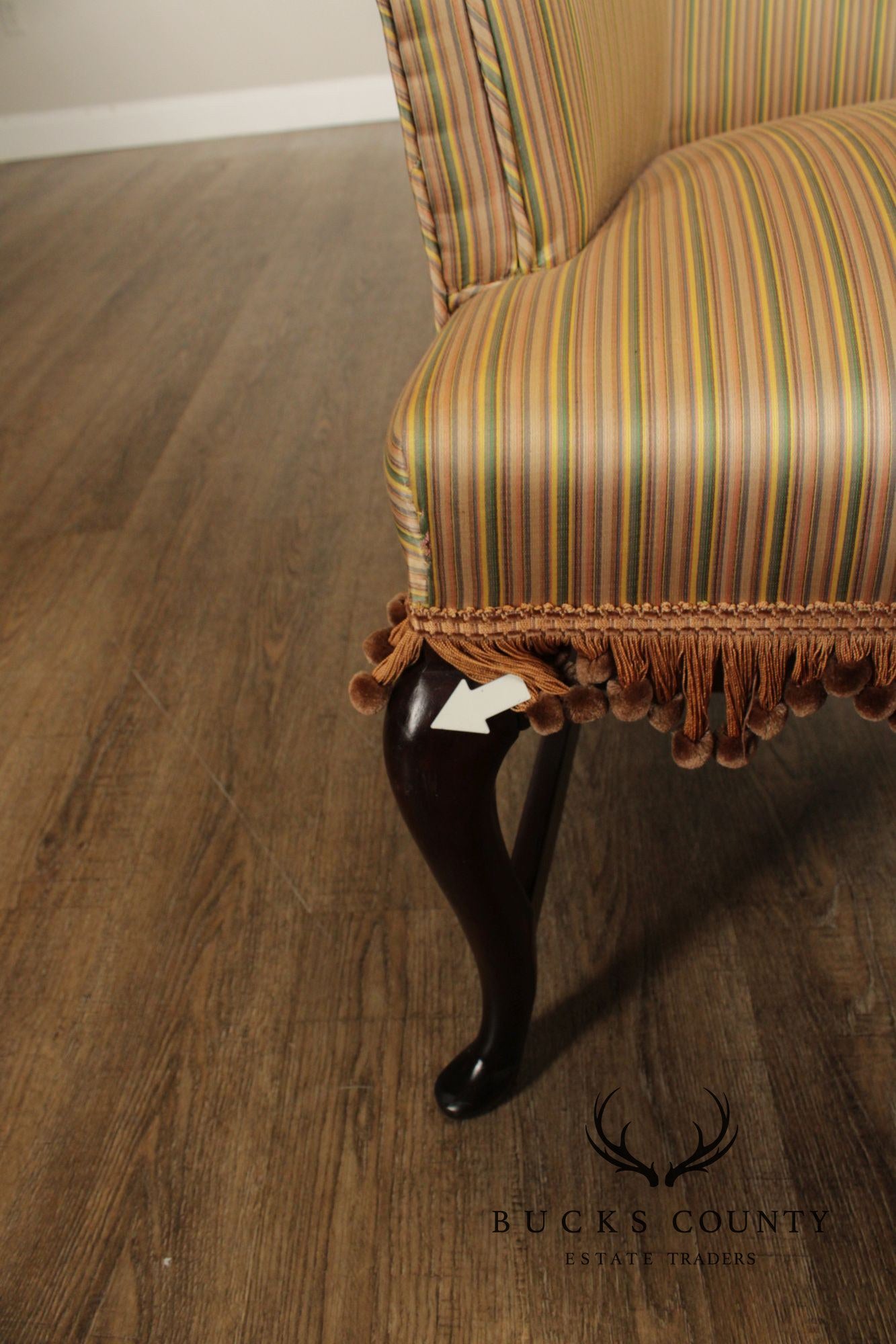 Queen Anne Style Upholstered Armchair With Striped Fabric And Fringe Skirt