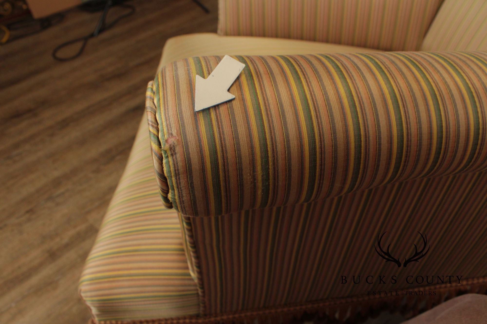 Queen Anne Style Upholstered Armchair With Striped Fabric And Fringe Skirt