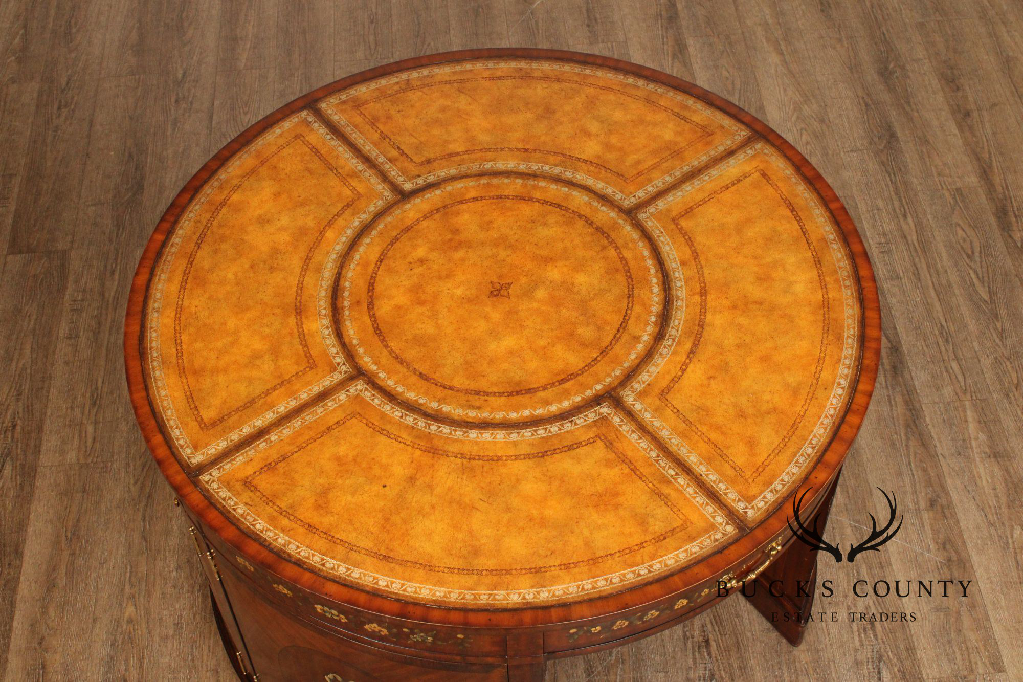 Maitland Smith Round Leather Top Inlaid Mahogany Round Knee Hole Desk