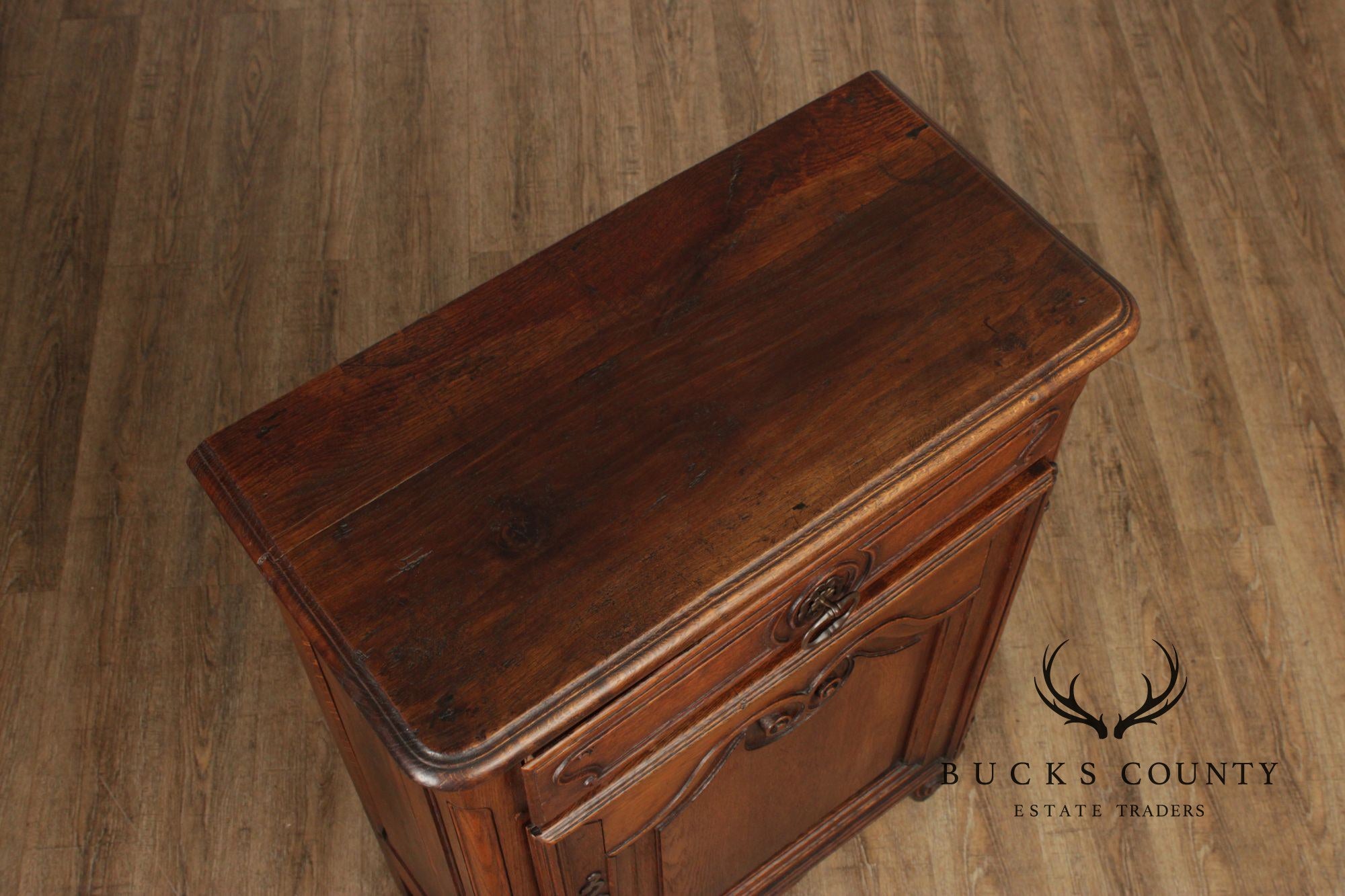 Antique 19th Century French Louis XV Style Solid Oak Petite Cabinet With Drawer And Scalloped Apron