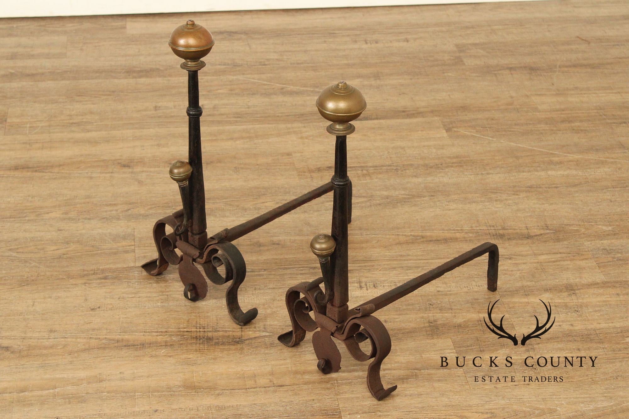 Antique Pair of Forged Iron and Brass Fireplace Andirons