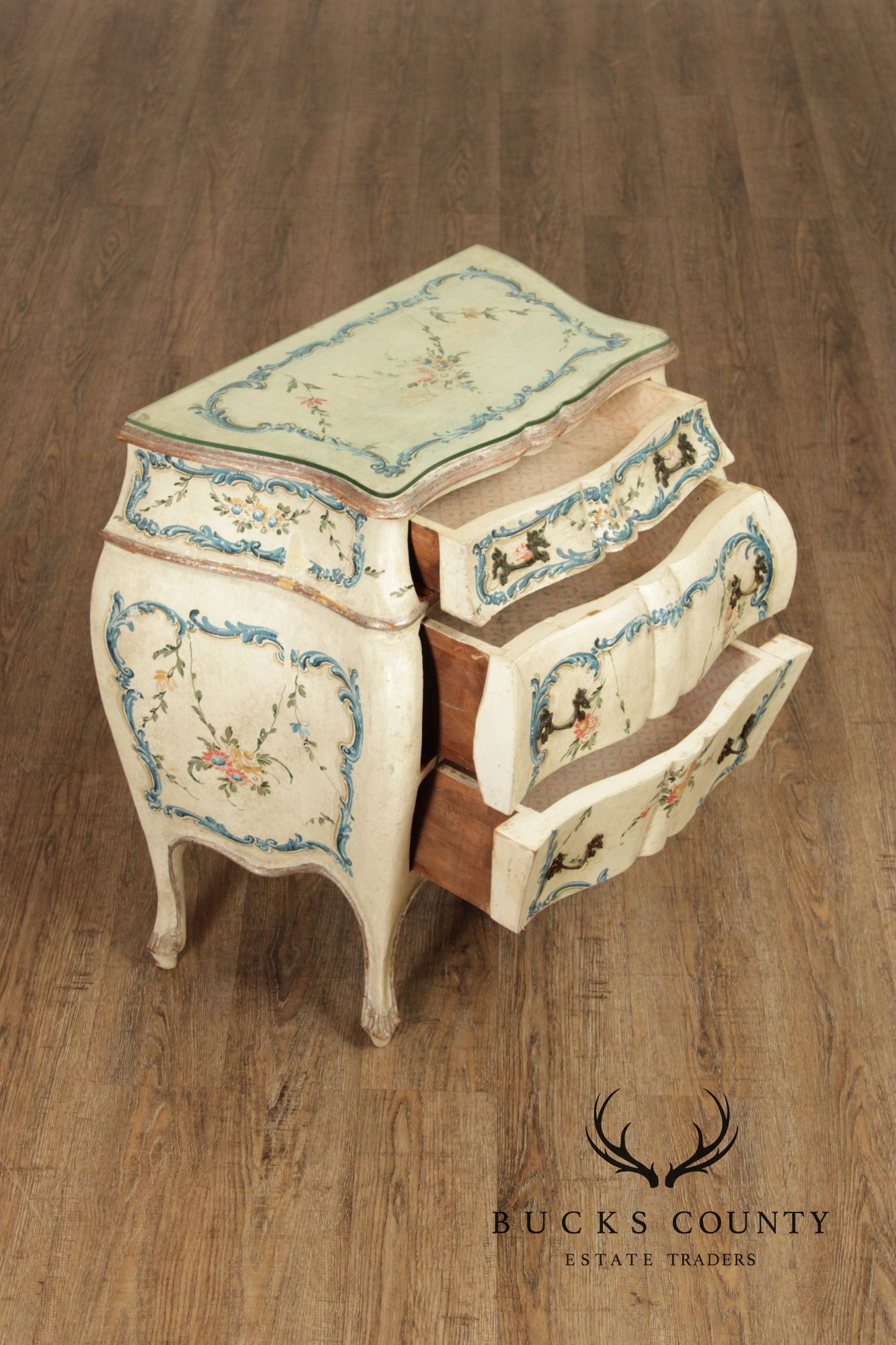 Italian Provincial Style Vintage Hand Painted Bombe Nightstand Chest