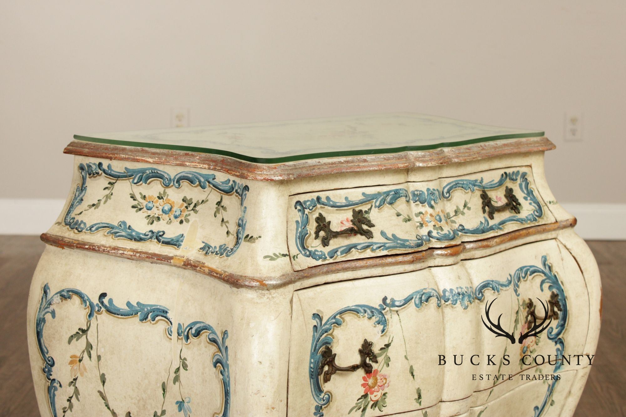 Italian Provincial Style Vintage Hand Painted Bombe Nightstand Chest