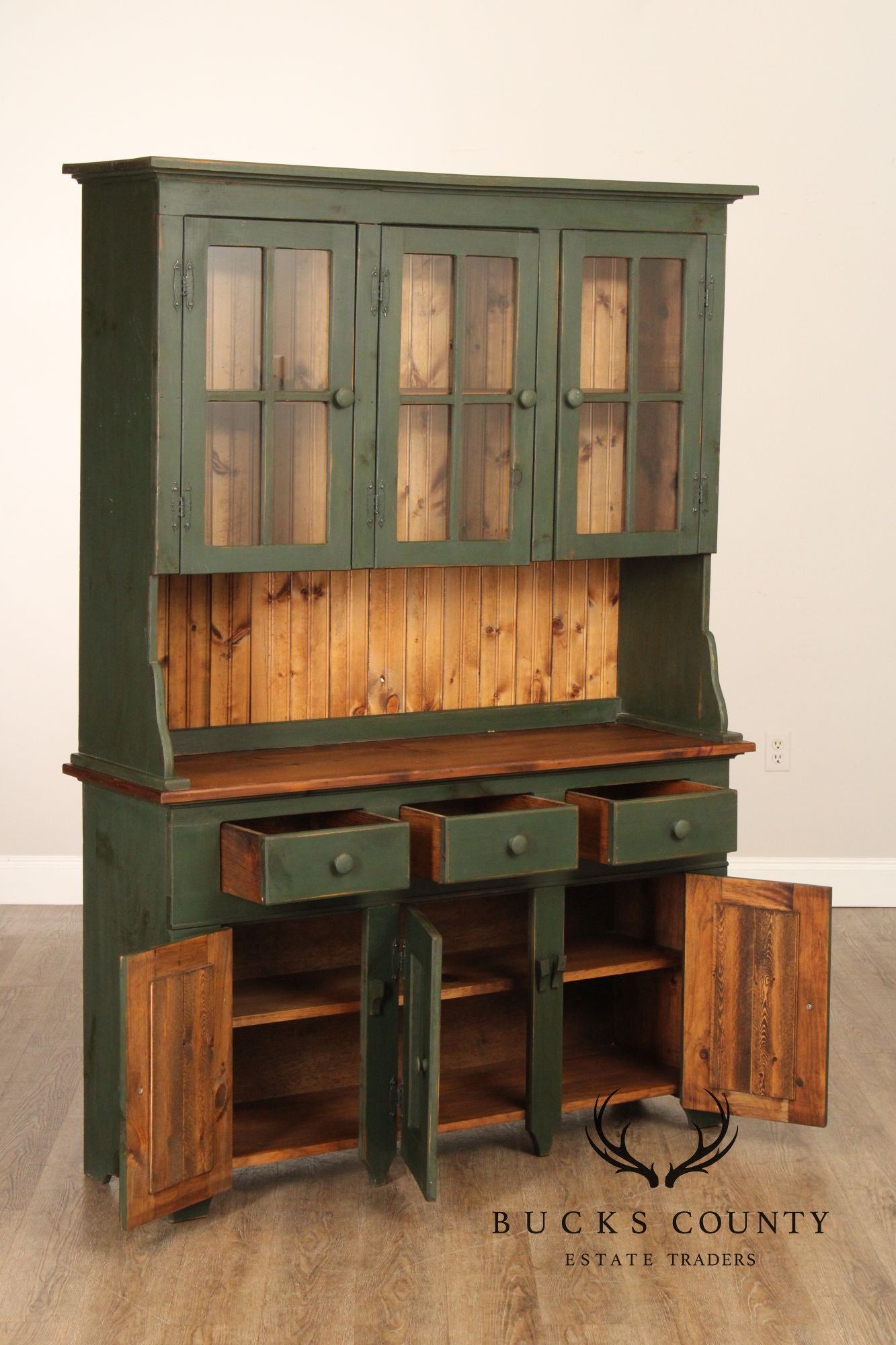Country Farmhouse Style Painted Pine Hutch Cabinet