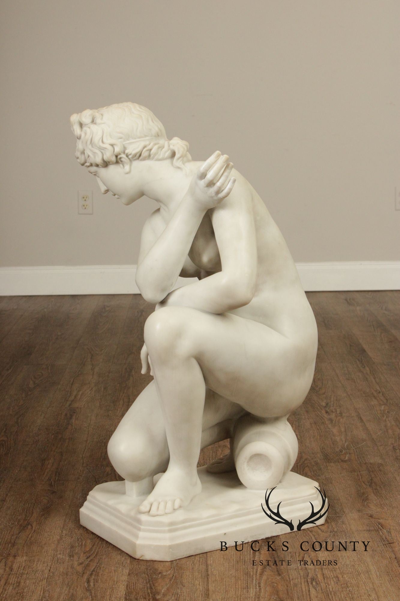 Neoclassical Style Large Antique Carved Marble Sculpture Of Kneeling Venus