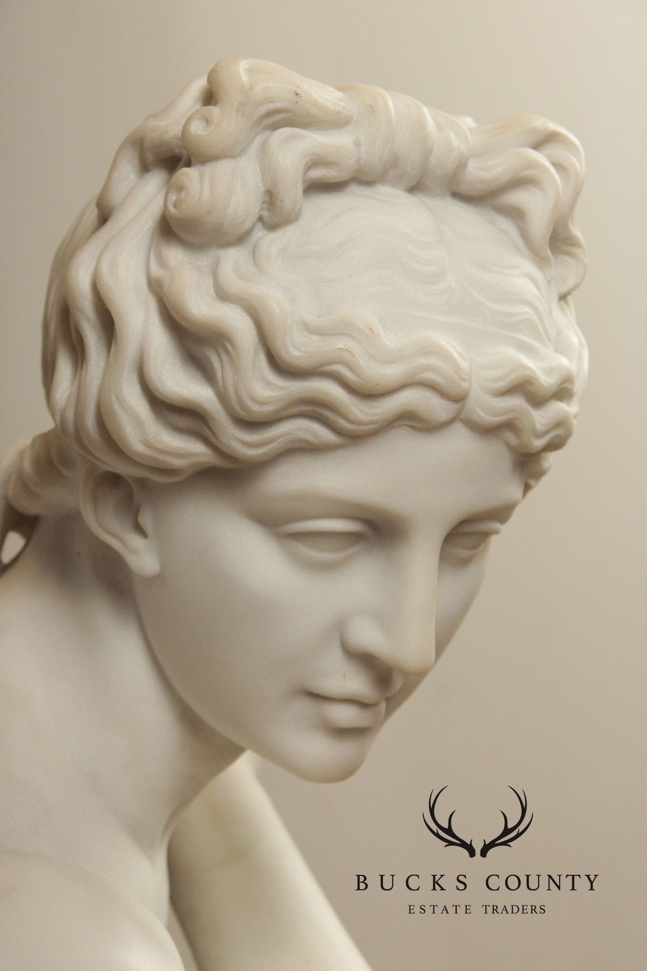 Neoclassical Style Large Antique Carved Marble Sculpture Of Kneeling Venus