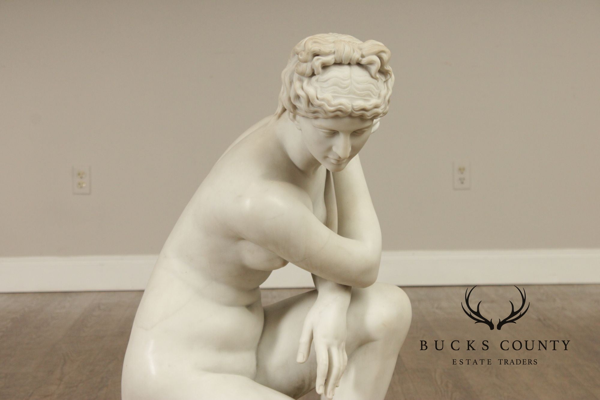 Neoclassical Style Large Antique Carved Marble Sculpture Of Kneeling Venus